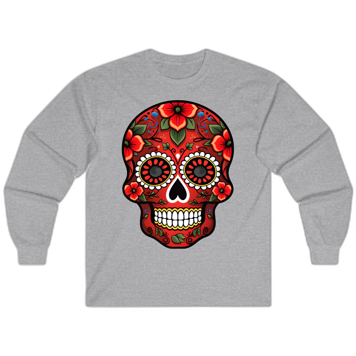 Vibrant Floral Calavera Day of the Dead Skull Long Sleeve in Sport Grey
