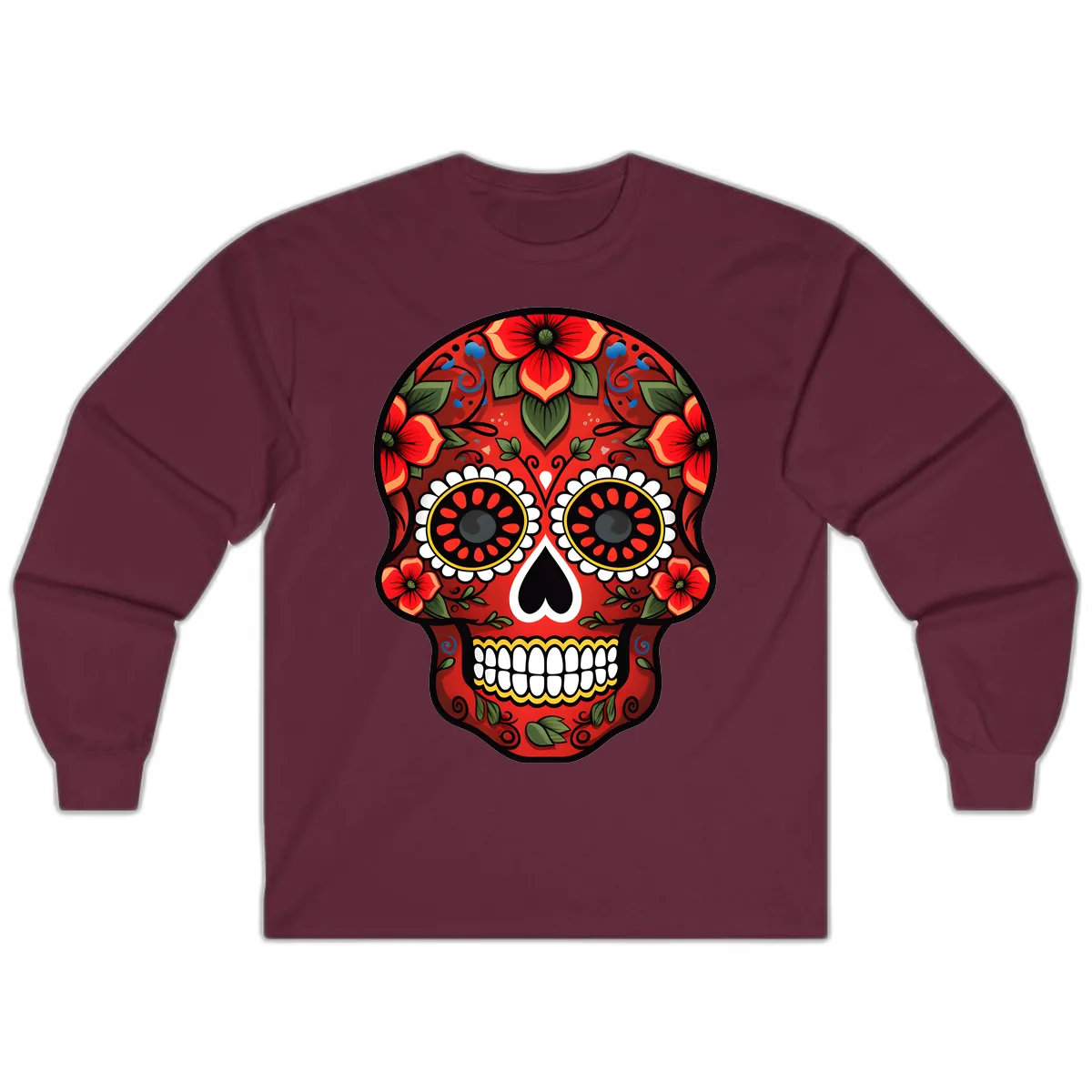 Vibrant Floral Calavera Day of the Dead Skull Long Sleeve in Maroon