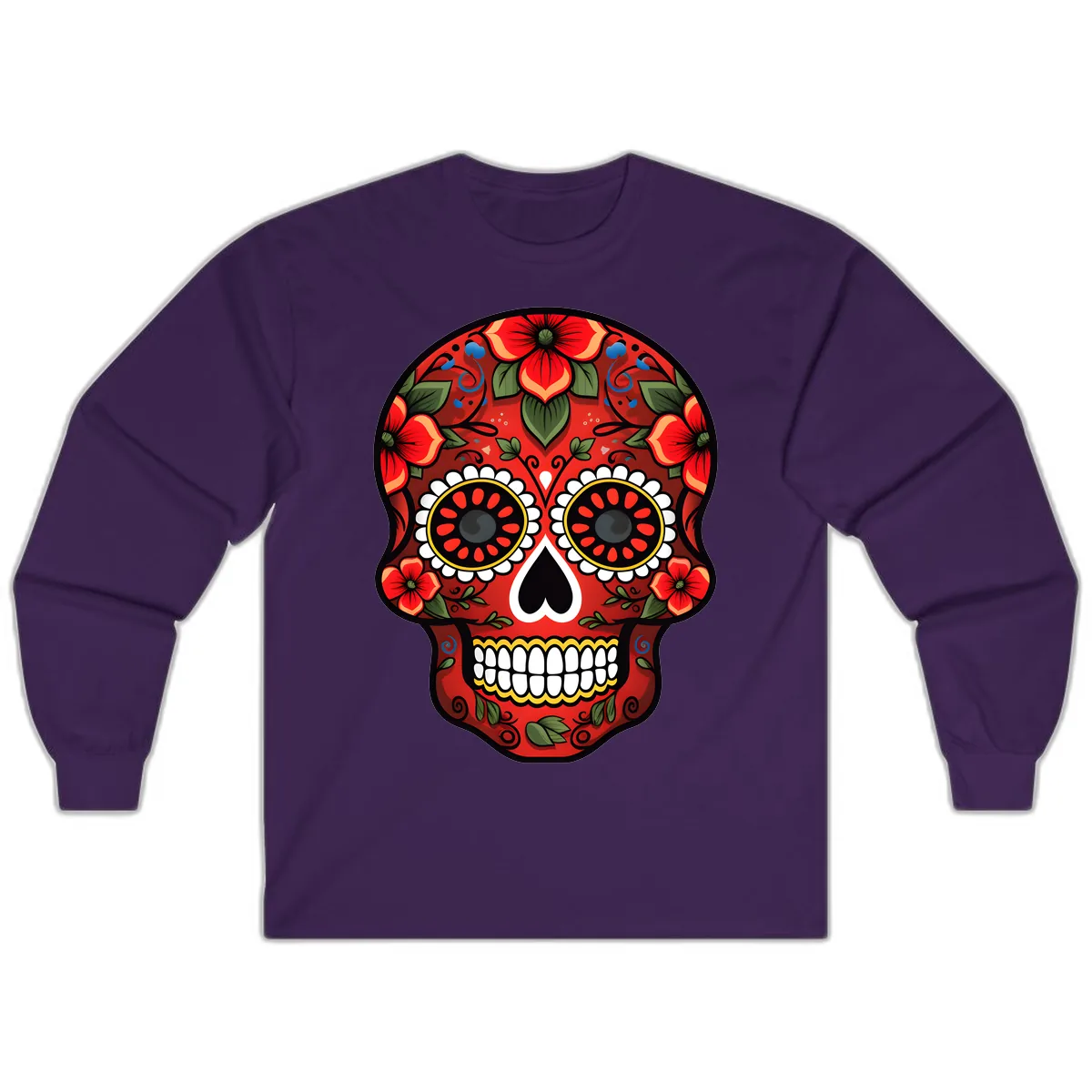 Vibrant Floral Calavera Day of the Dead Skull Long Sleeve in Purple