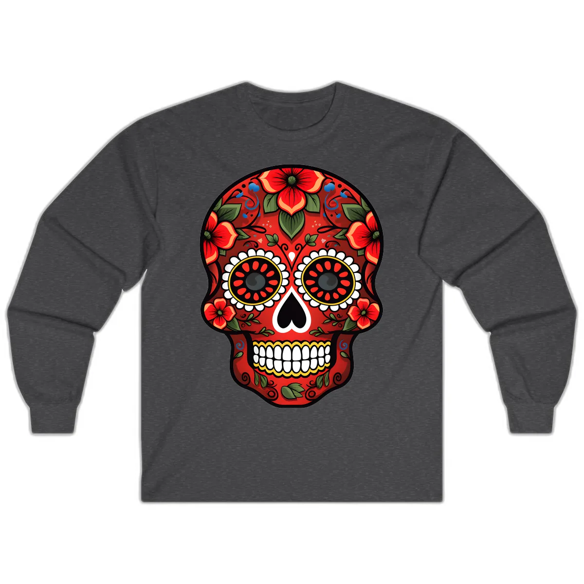 Vibrant Floral Calavera Day of the Dead Skull Long Sleeve in Dark Heather