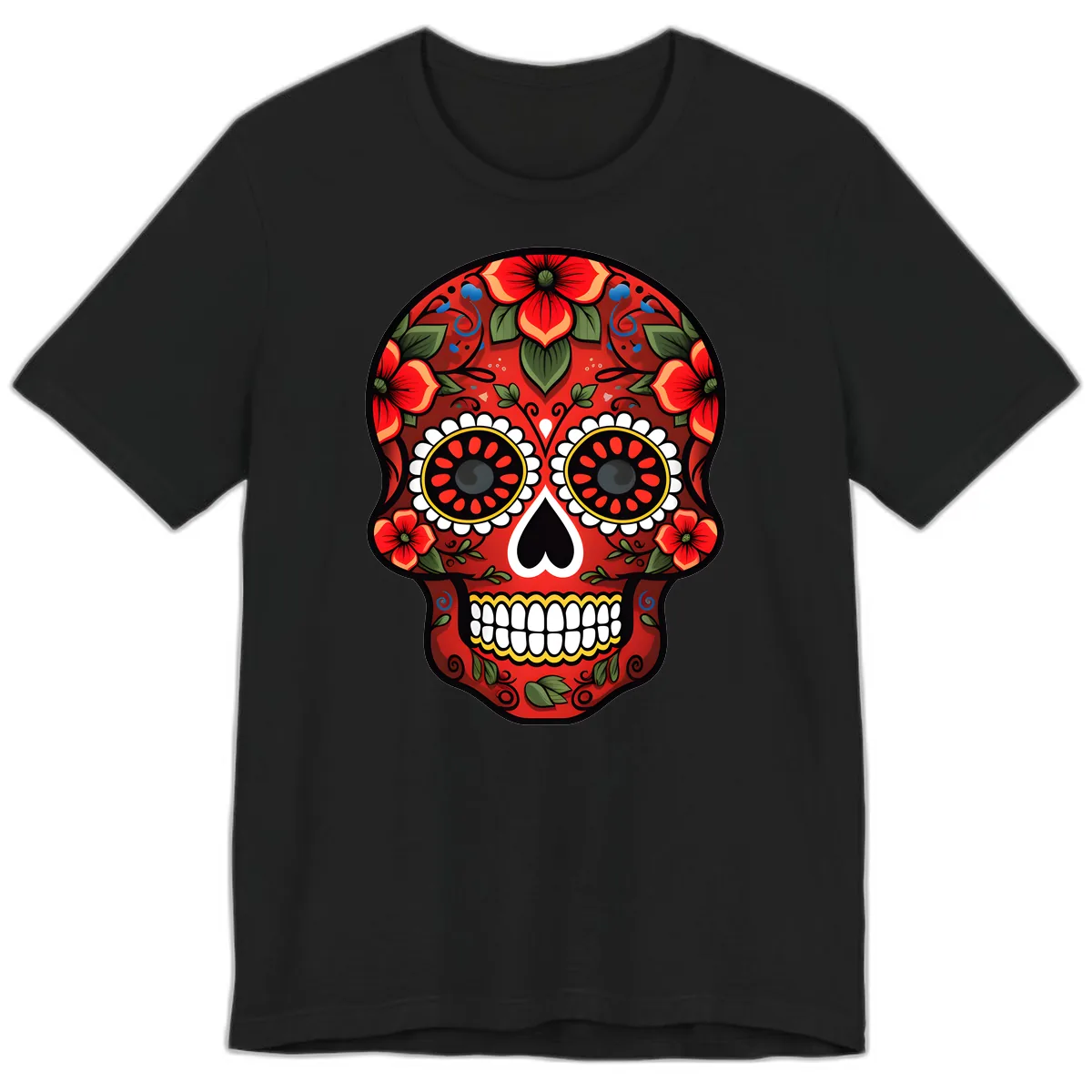 Vibrant Floral Calavera Day of the Dead Skull Premium T-Shirt in Black
