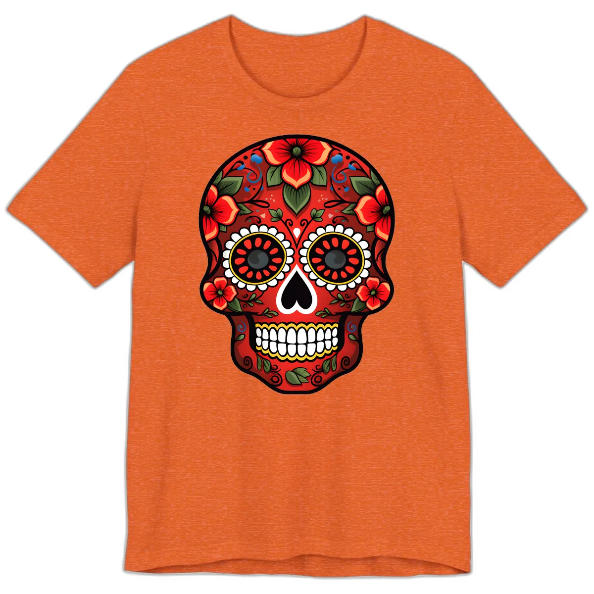 Vibrant Floral Calavera Day of the Dead Skull Premium T-Shirt in Heather Orange