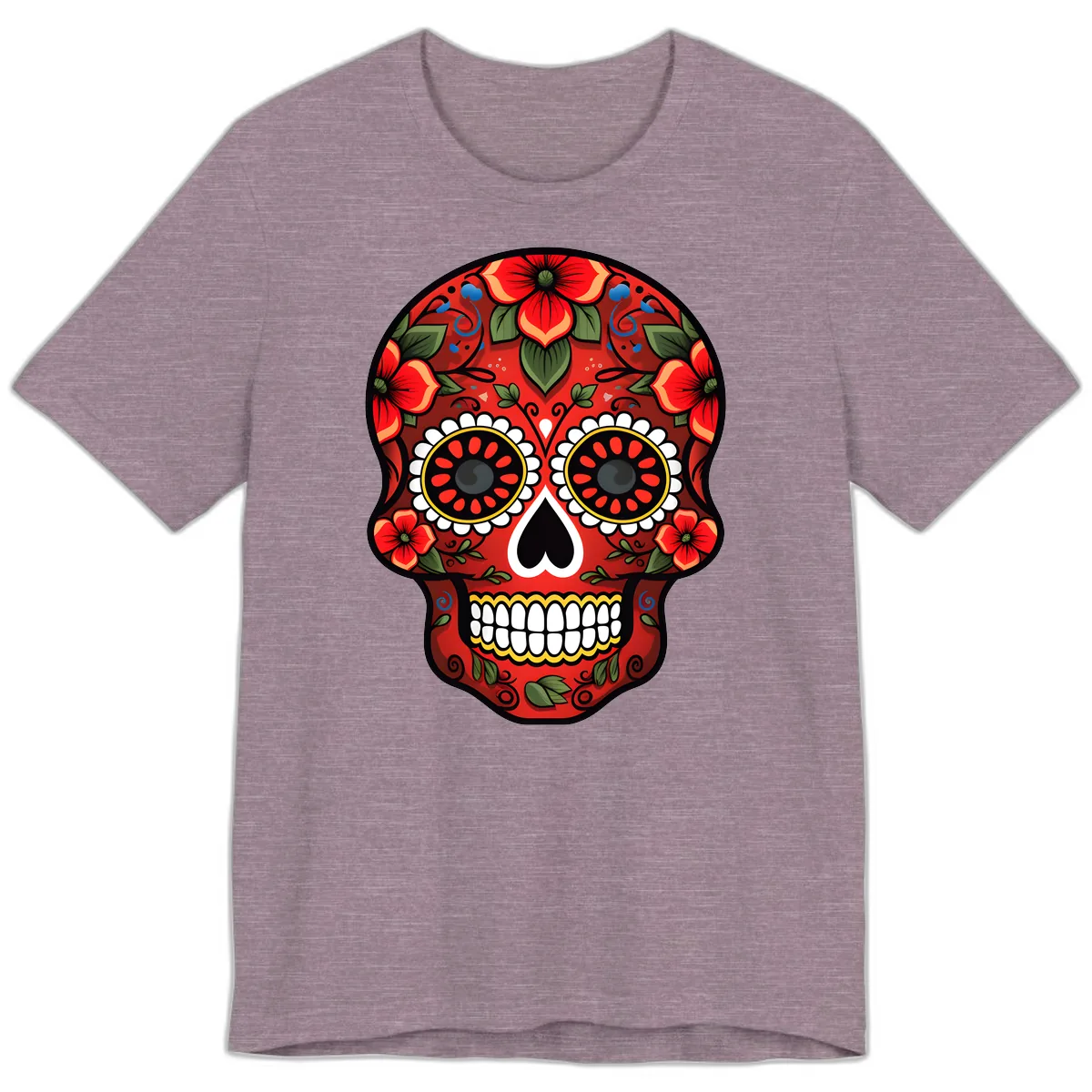 Vibrant Floral Calavera Day of the Dead Skull Premium T-Shirt in Heather Purple