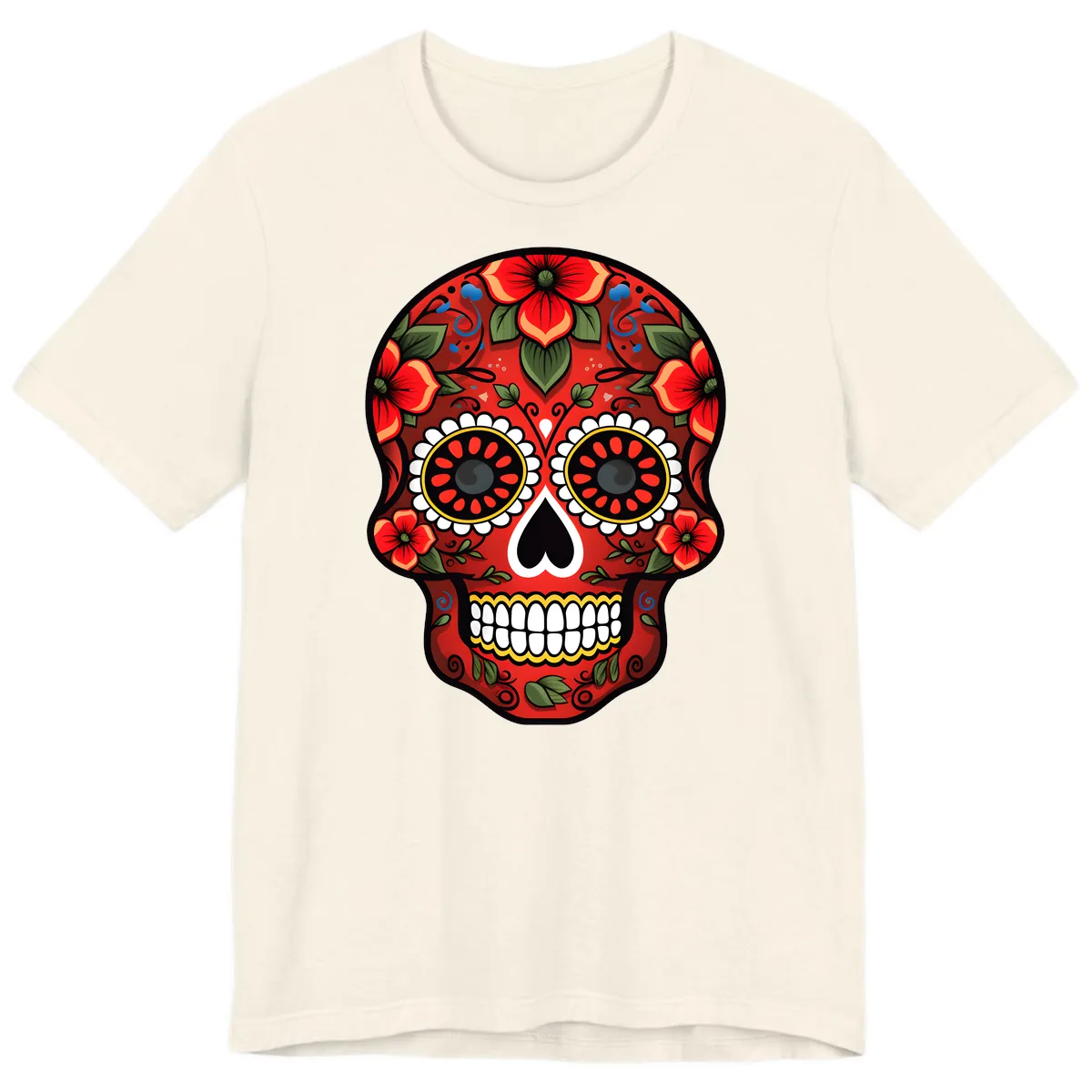 Vibrant Floral Calavera Day of the Dead Skull Premium T-Shirt in Natural