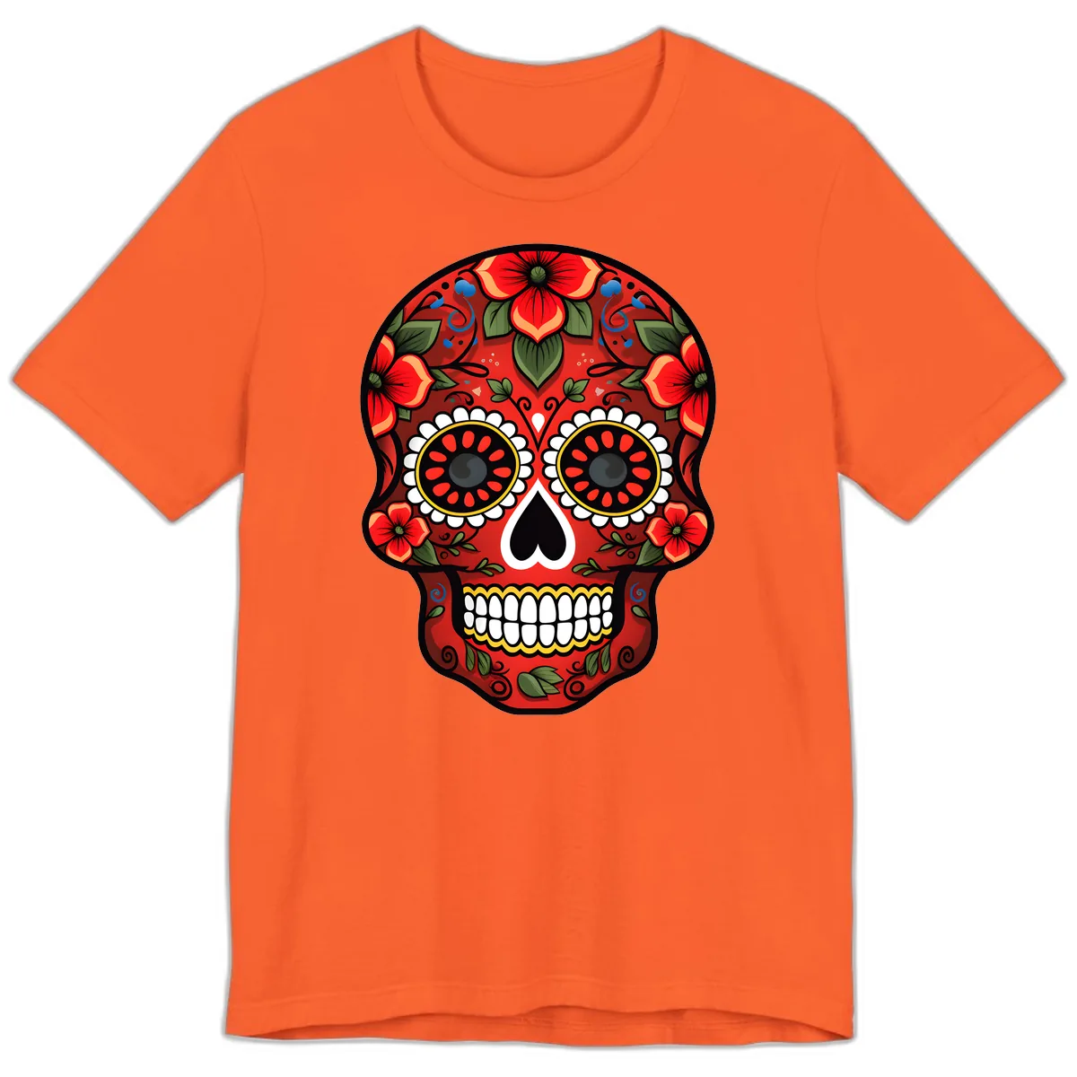 Vibrant Floral Calavera Day of the Dead Skull Premium T-Shirt in Orange