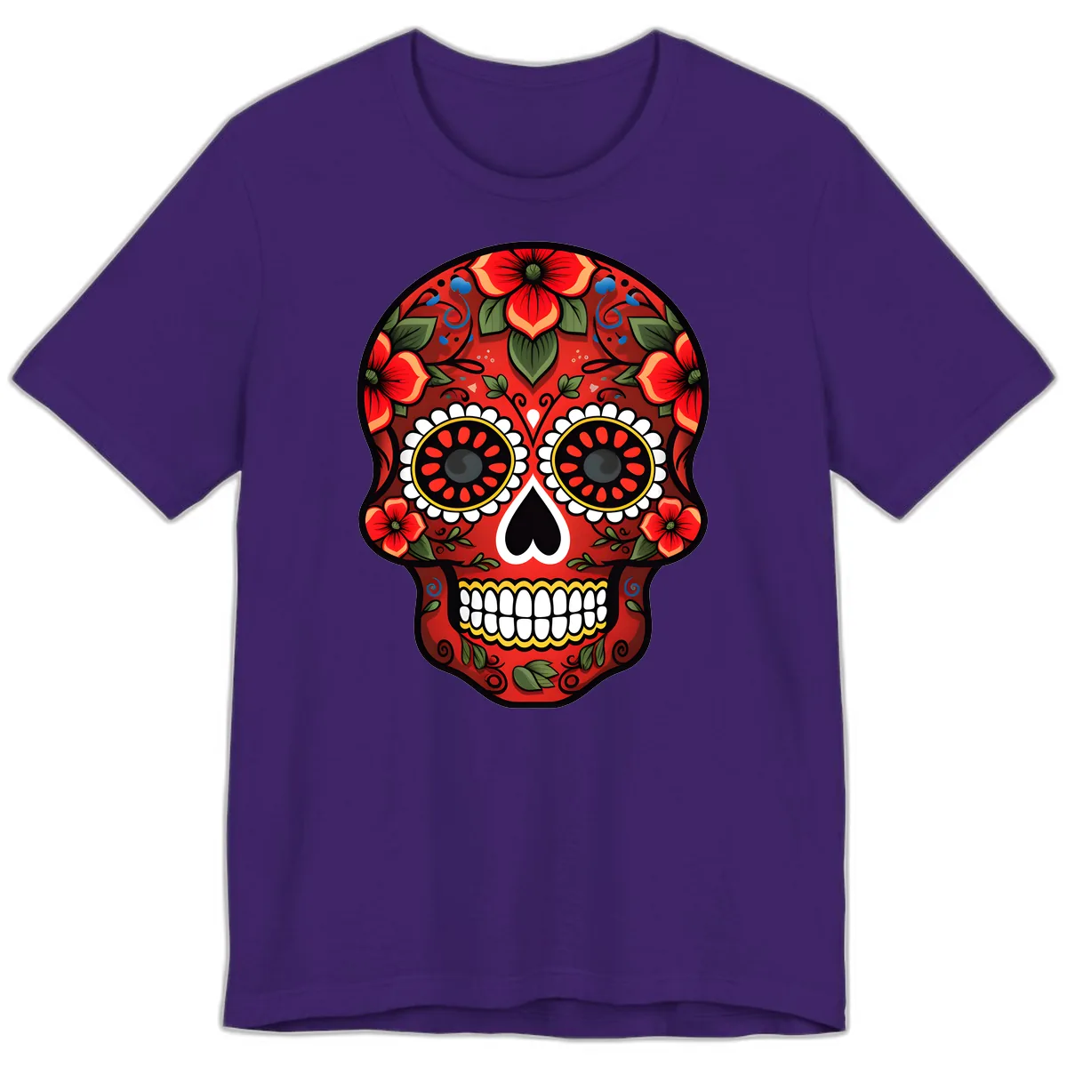 Vibrant Floral Calavera Day of the Dead Skull Premium T-Shirt in Team Purple