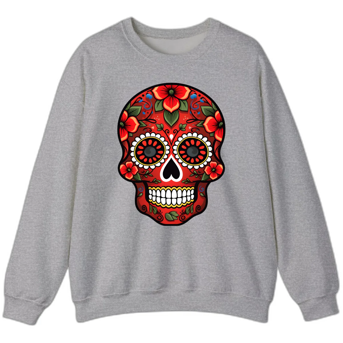 Vibrant Floral Calavera Day of the Dead Skull Sweatshirt in Sport Grey
