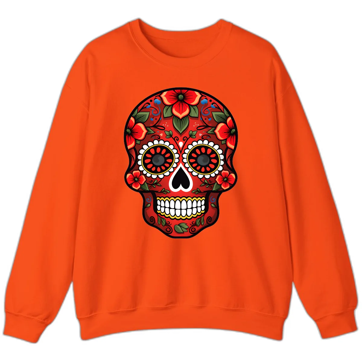 Vibrant Floral Calavera Day of the Dead Skull Sweatshirt in Orange