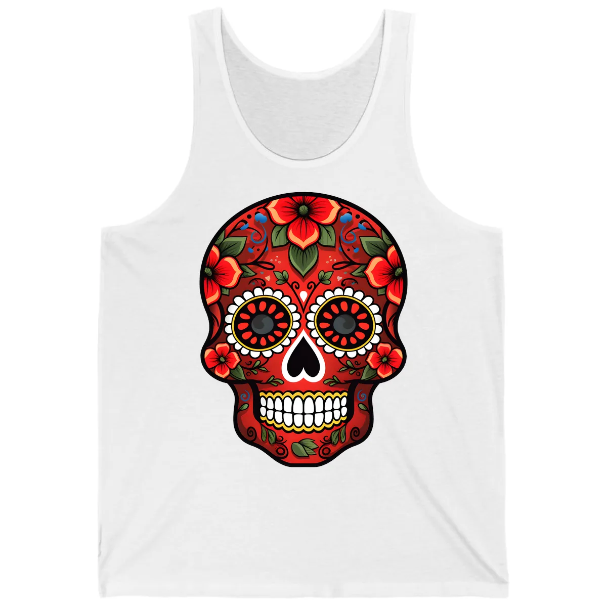 Vibrant Floral Calavera Day of the Dead Skull Tank in White