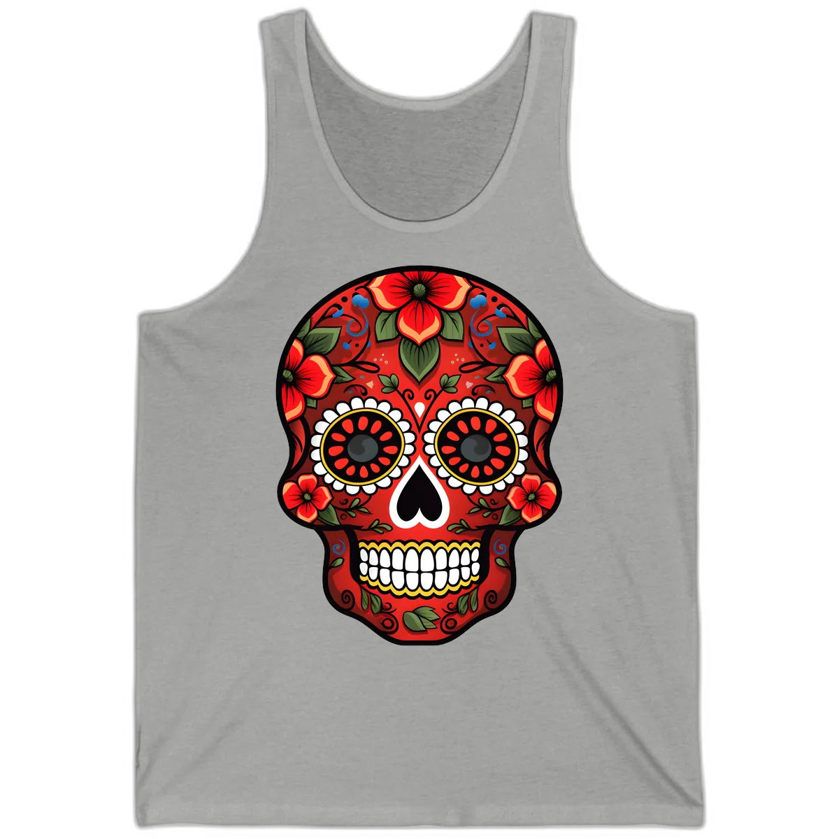 Vibrant Floral Calavera Day of the Dead Skull Tank in Athletic Heather