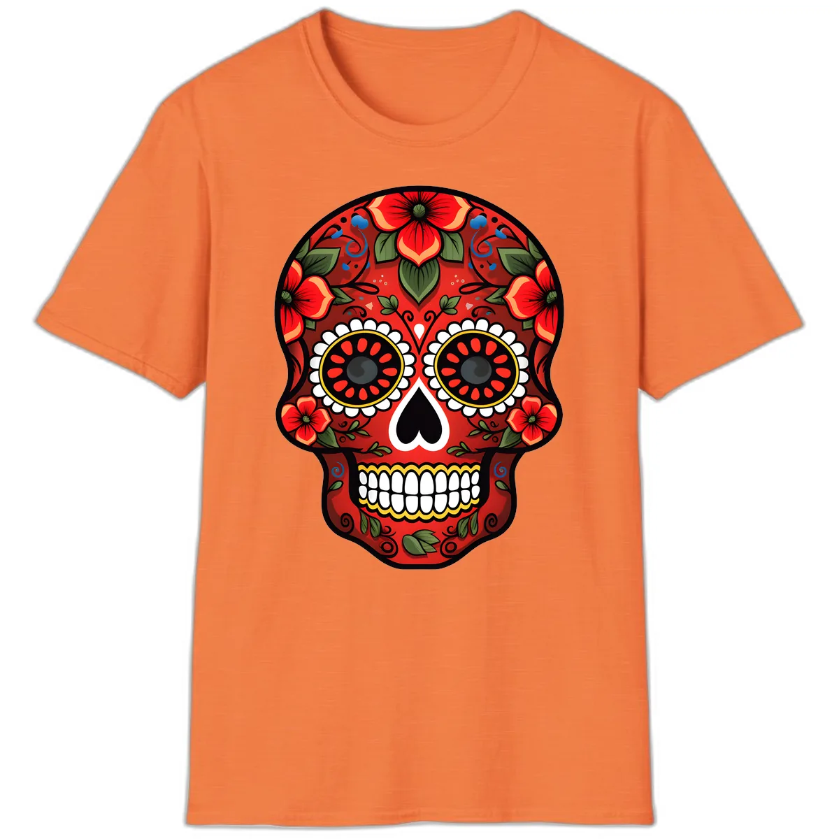 Vibrant Floral Calavera Day of the Dead Skull T-Shirt in Heather Orange