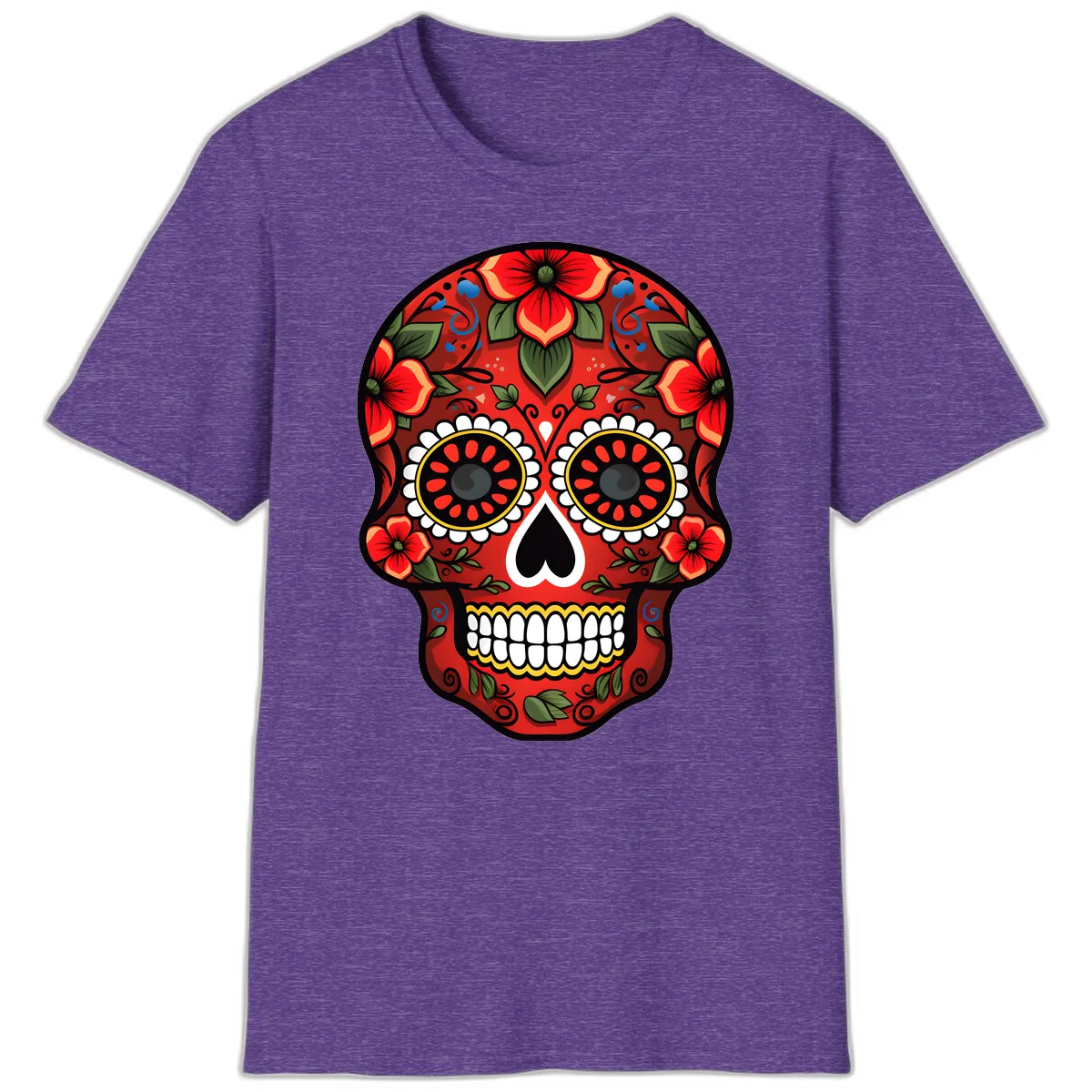 Vibrant Floral Calavera Day of the Dead Skull T-Shirt in Heather Purple