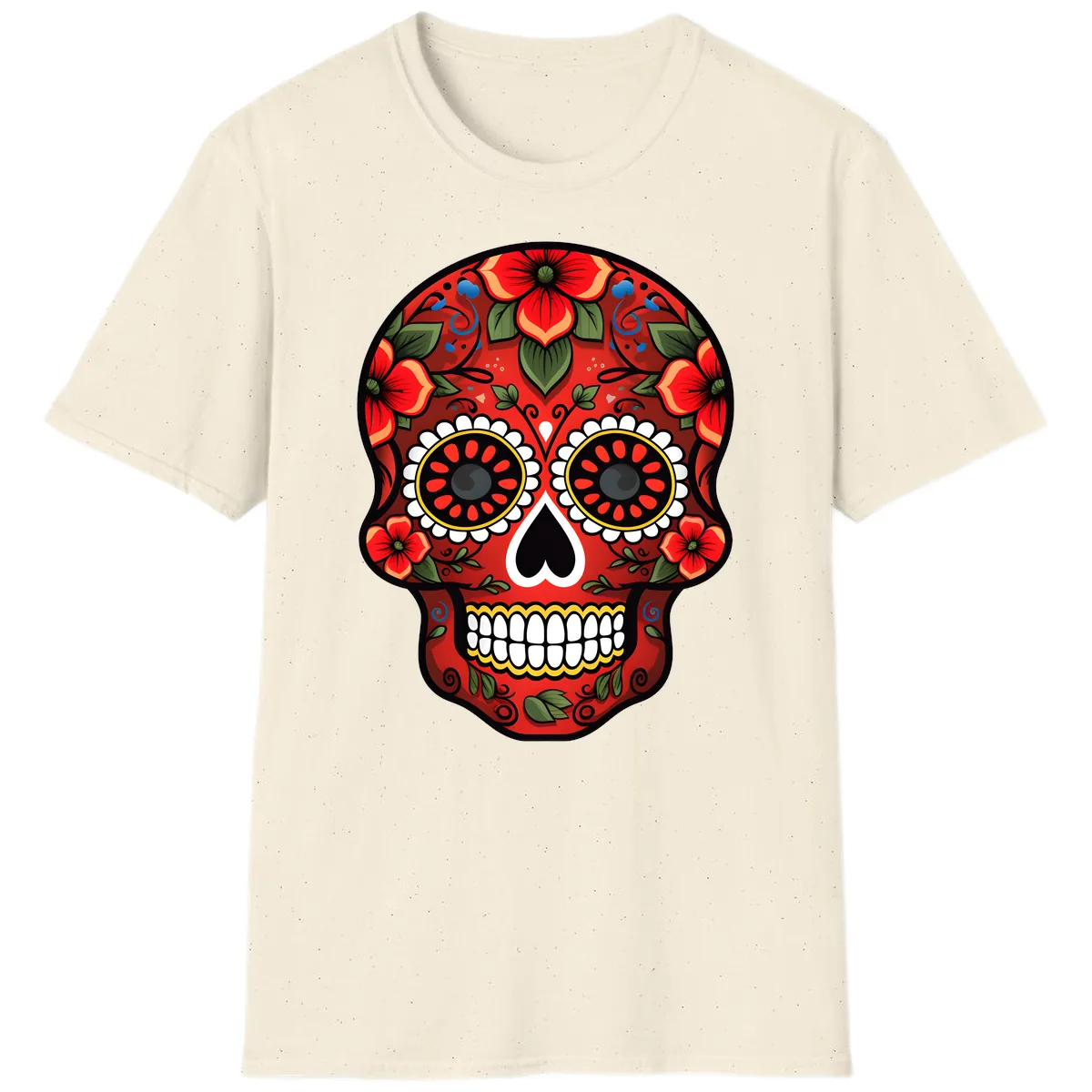Vibrant Floral Calavera Day of the Dead Skull T-Shirt in Natural