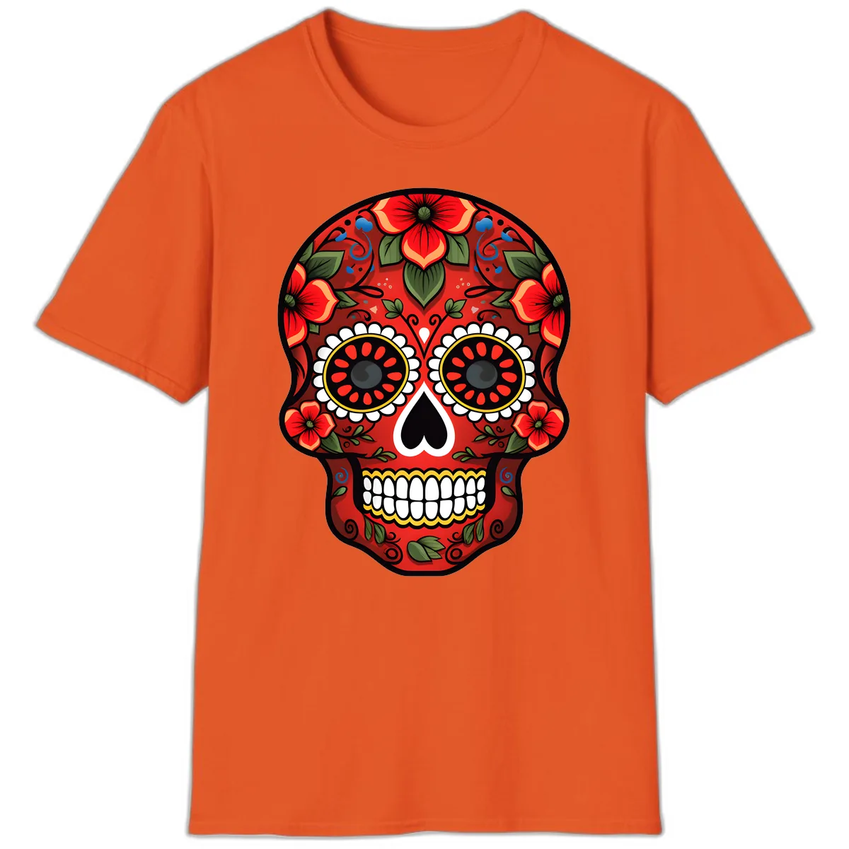 Vibrant Floral Calavera Day of the Dead Skull T-Shirt in Orange