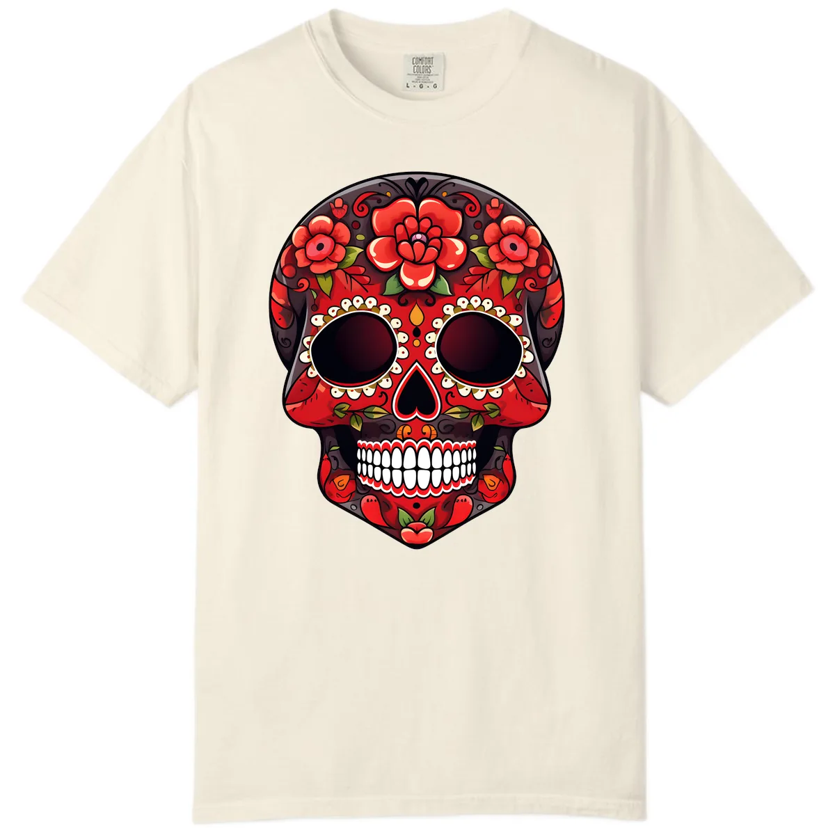 Intricate Floral Red Calavera Sugar Skull Artwork Comfort Color in Ivory