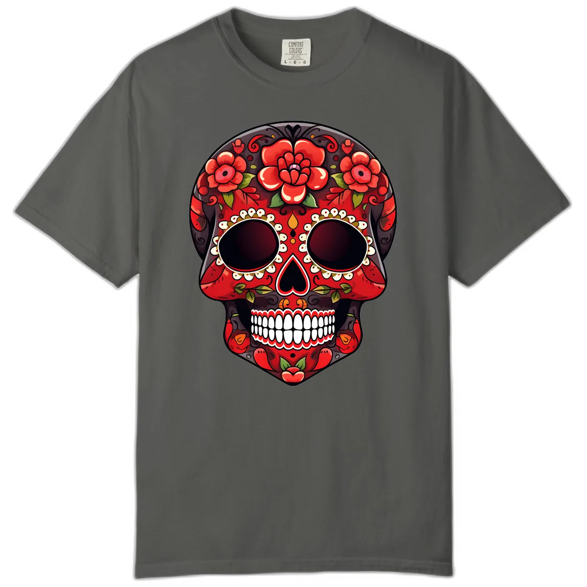 Intricate Floral Red Calavera Sugar Skull Artwork Comfort Color in Pepper