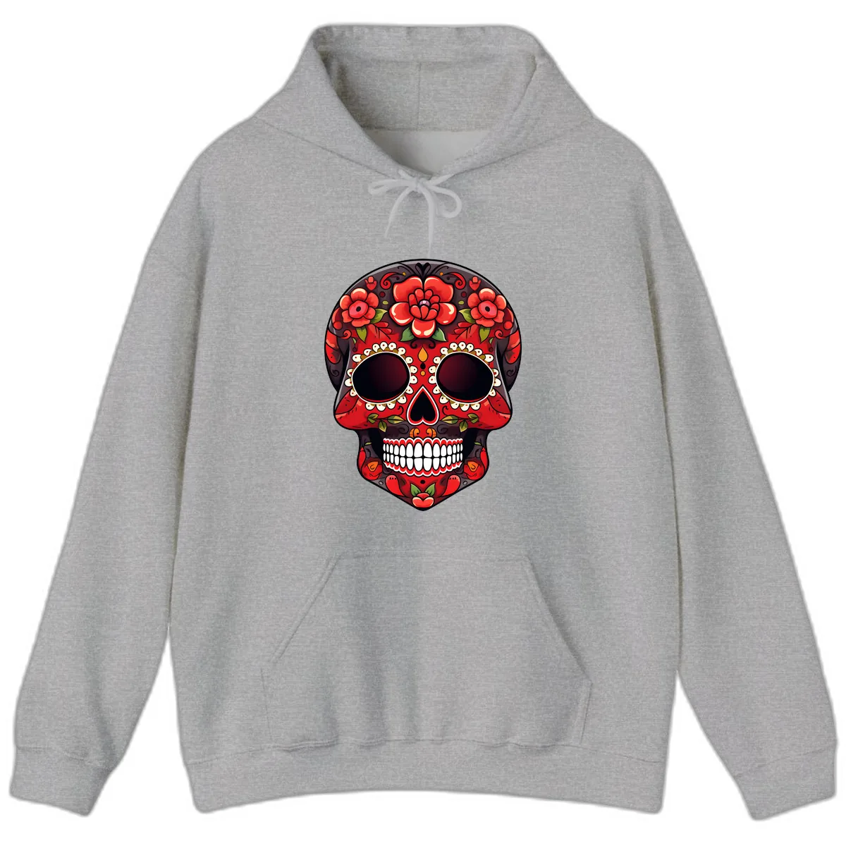 Intricate Floral Red Calavera Sugar Skull Artwork Hoodie in Sport Grey