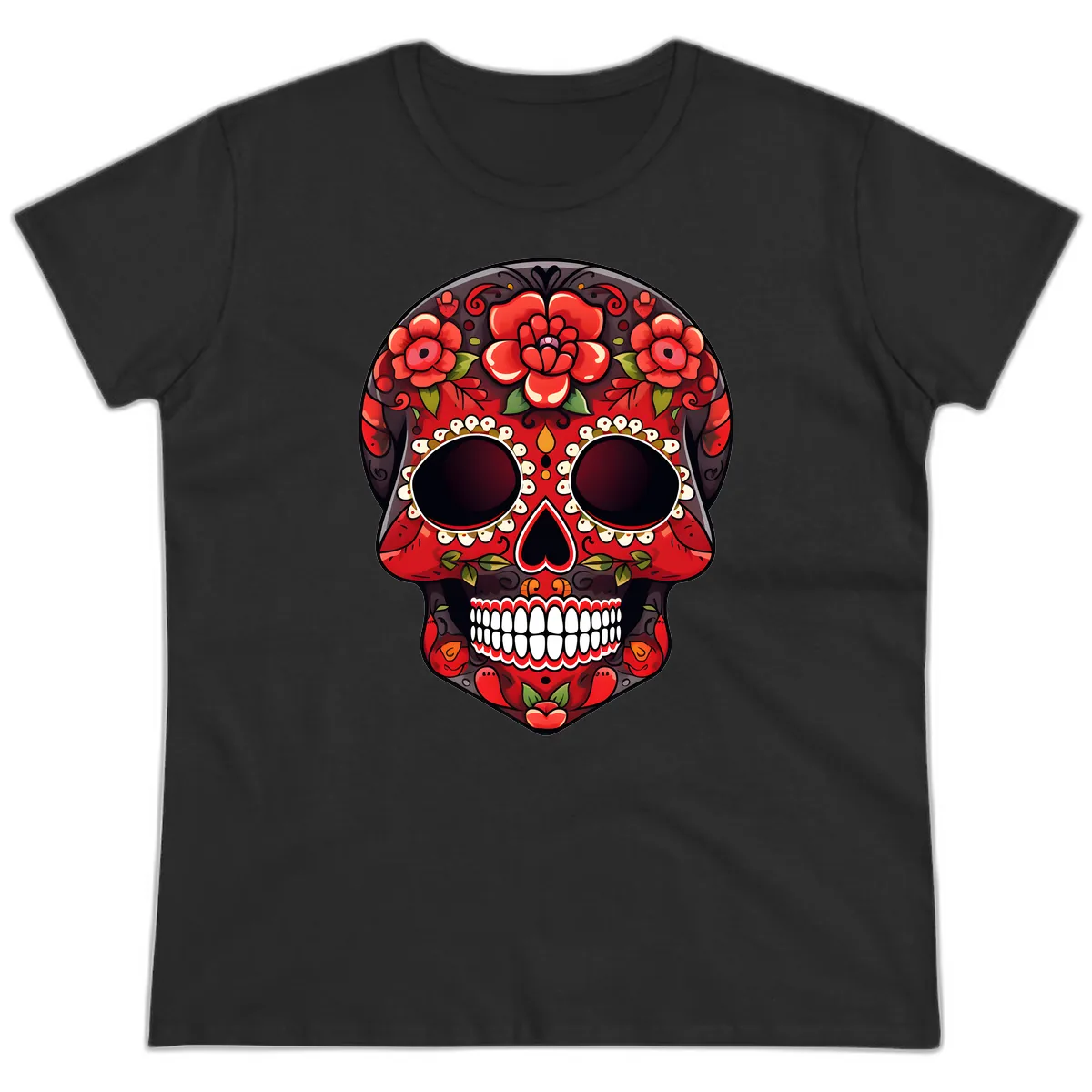 Intricate Floral Red Calavera Sugar Skull Artwork Ladies Tee in Black