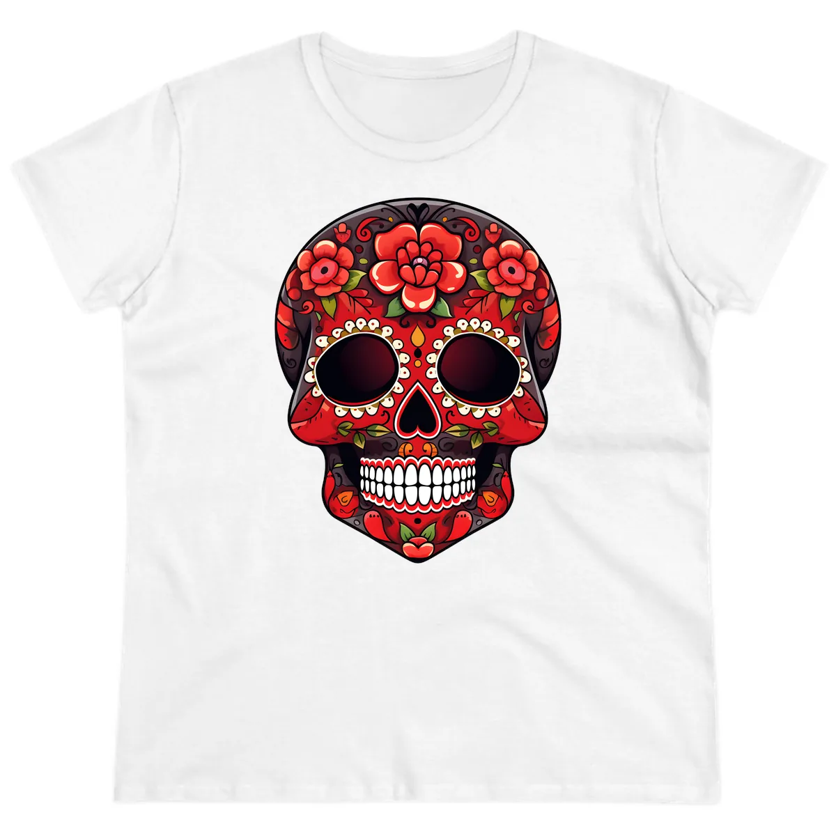 Intricate Floral Red Calavera Sugar Skull Artwork Ladies Tee in White
