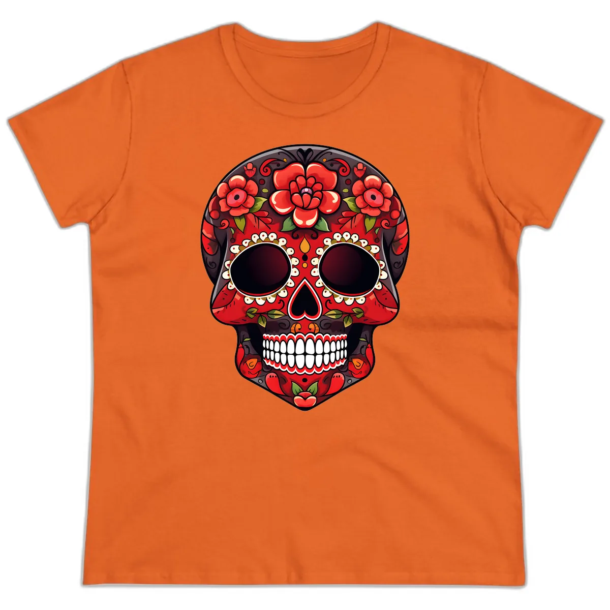 Intricate Floral Red Calavera Sugar Skull Artwork Ladies Tee in Orange