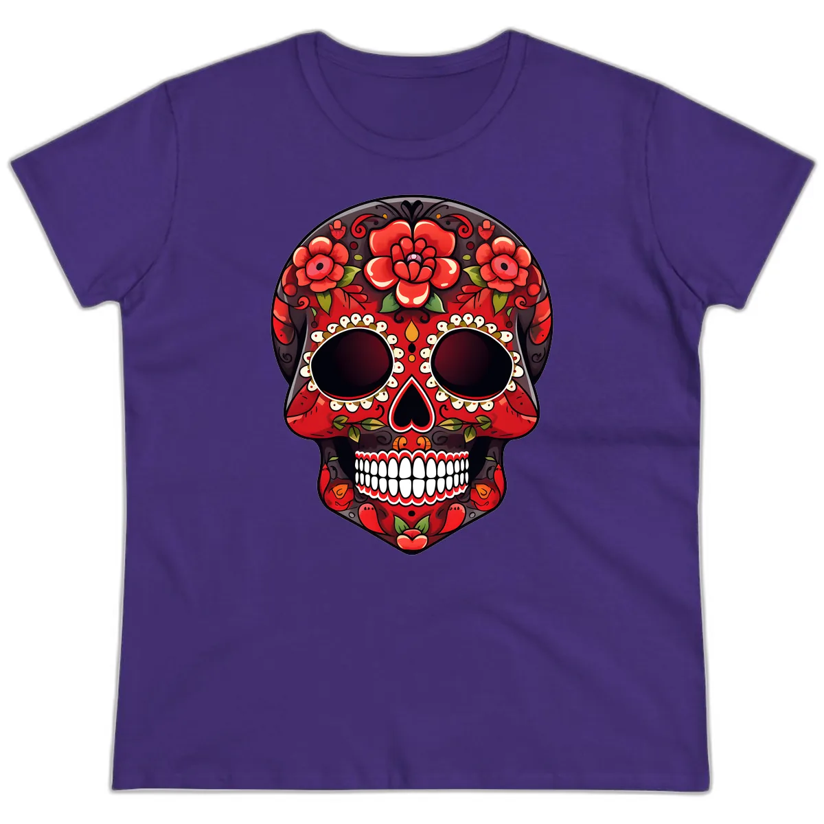 Intricate Floral Red Calavera Sugar Skull Artwork Ladies Tee in Purple