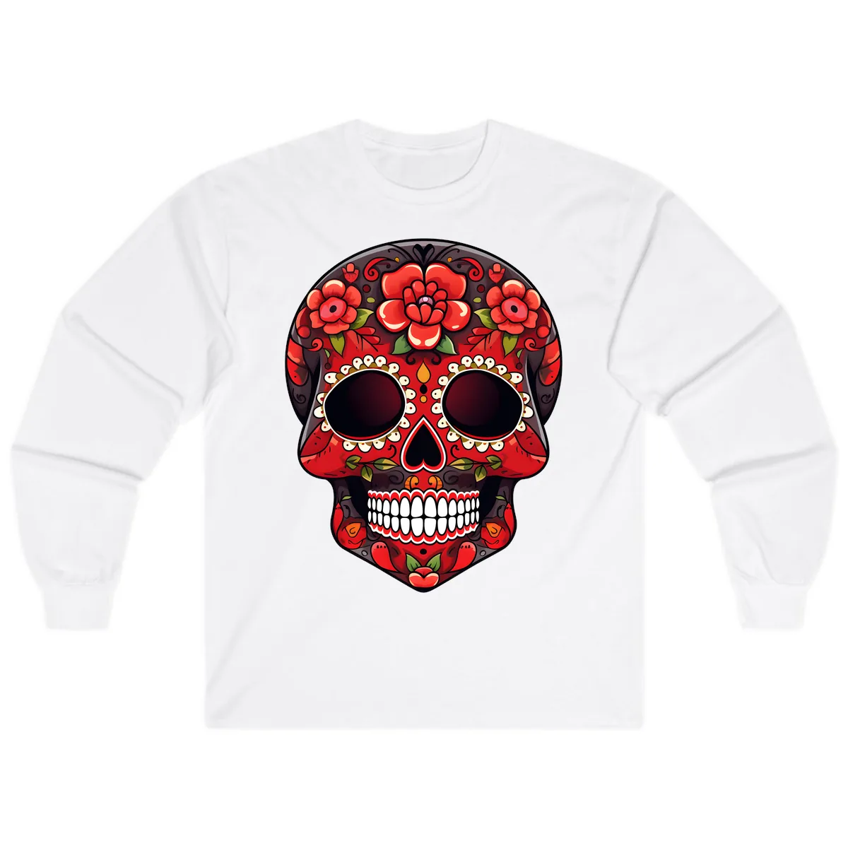 Intricate Floral Red Calavera Sugar Skull Artwork Long Sleeve in White