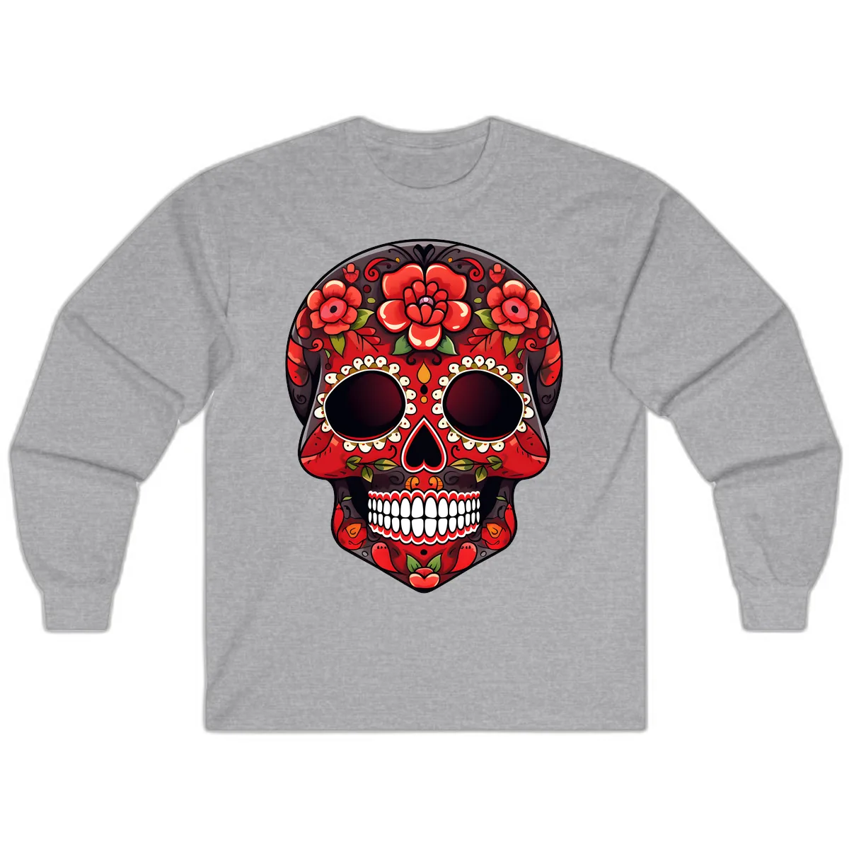 Intricate Floral Red Calavera Sugar Skull Artwork Long Sleeve in Sport Grey
