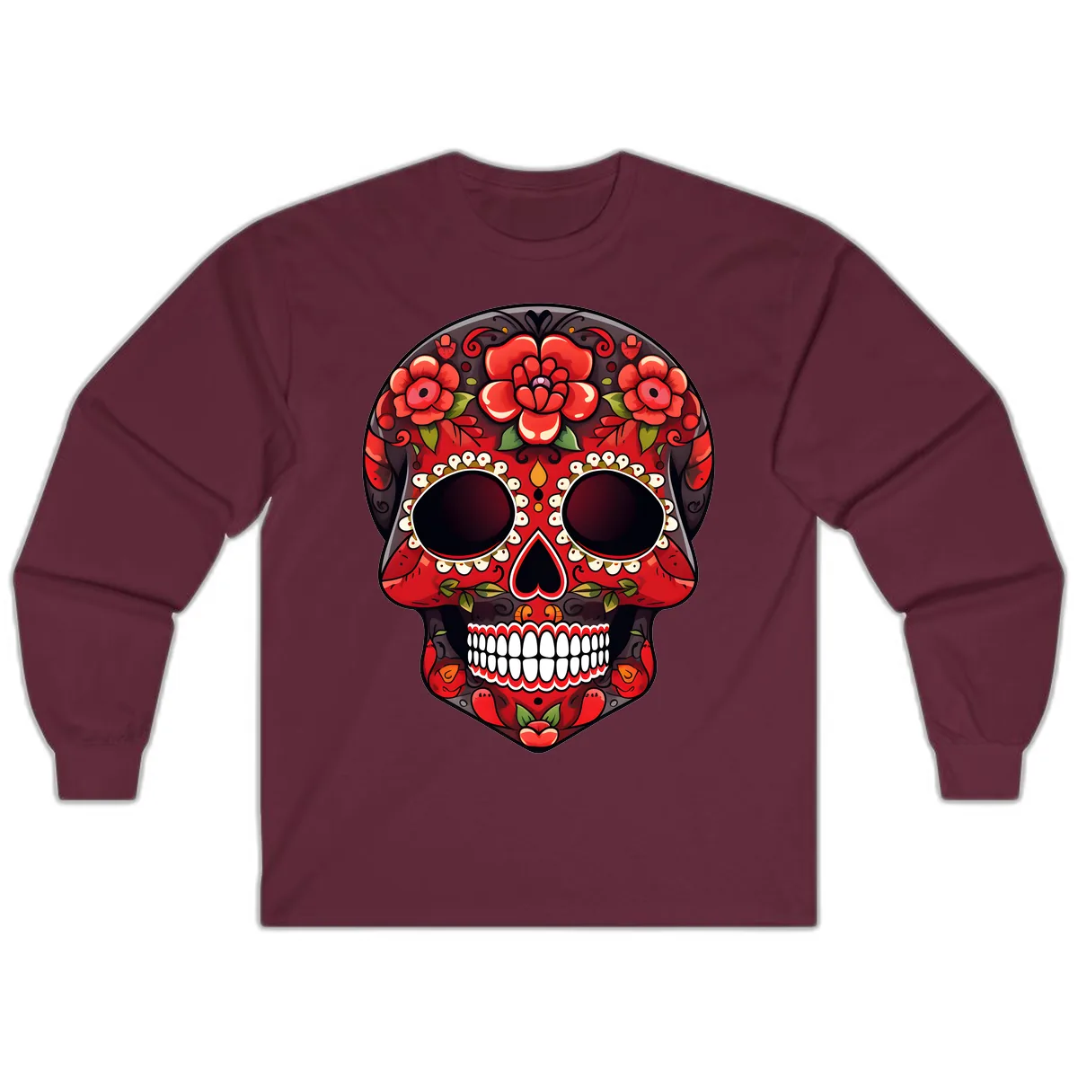 Intricate Floral Red Calavera Sugar Skull Artwork Long Sleeve in Maroon