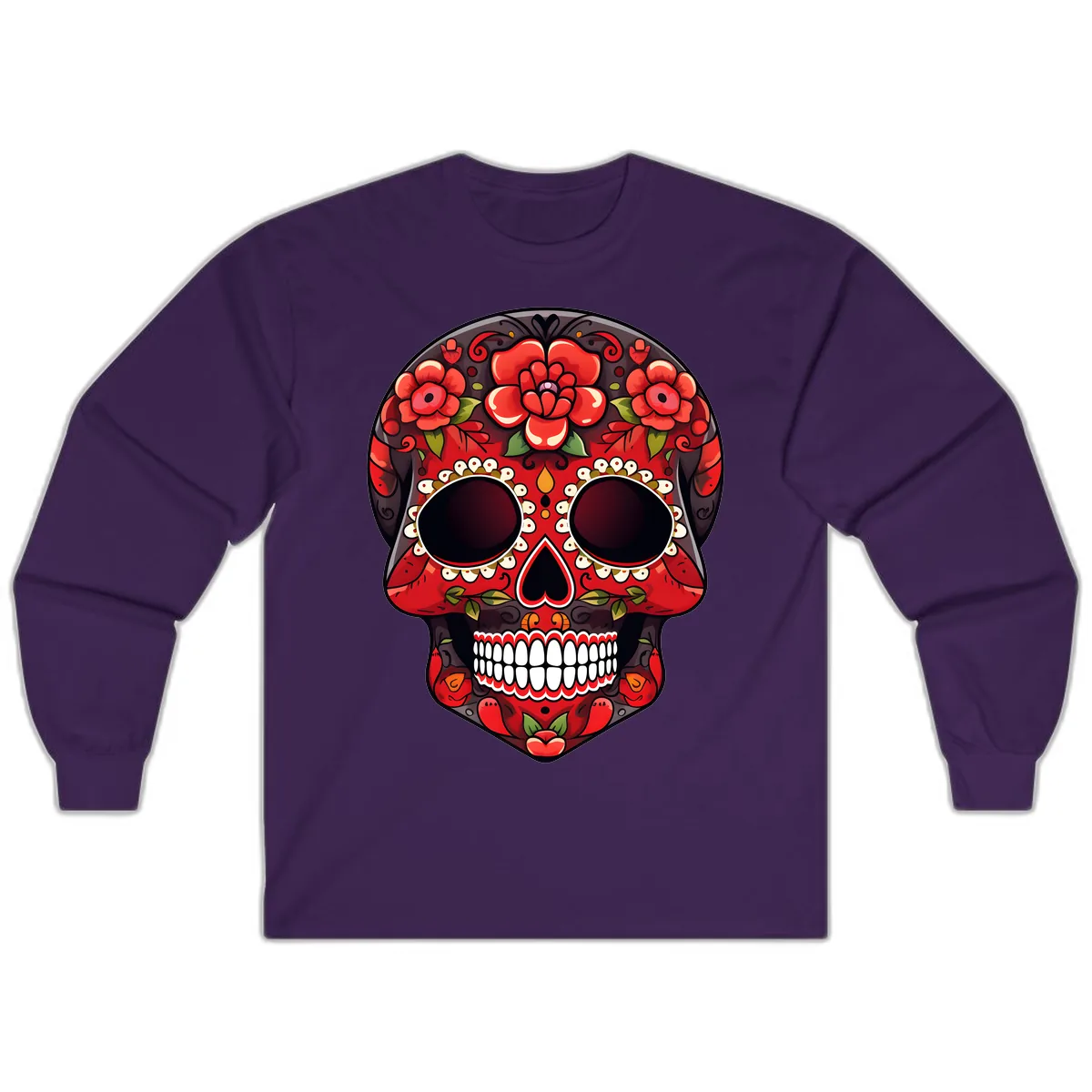 Intricate Floral Red Calavera Sugar Skull Artwork Long Sleeve in Purple