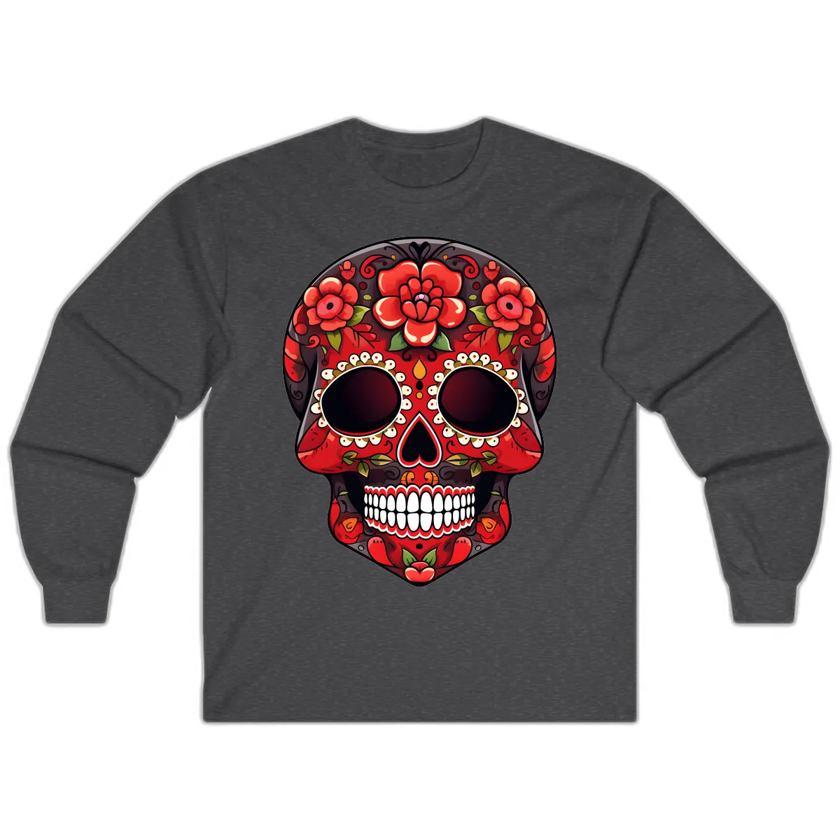 Intricate Floral Red Calavera Sugar Skull Artwork Long Sleeve in Dark Heather