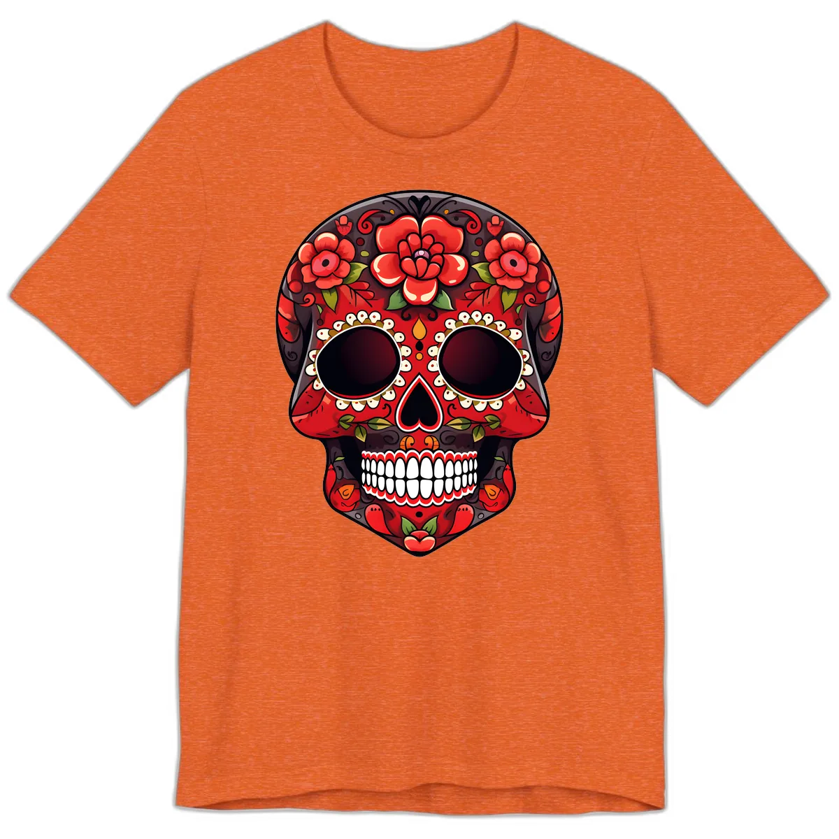 Intricate Floral Red Calavera Sugar Skull Artwork Premium T-Shirt in Heather Orange