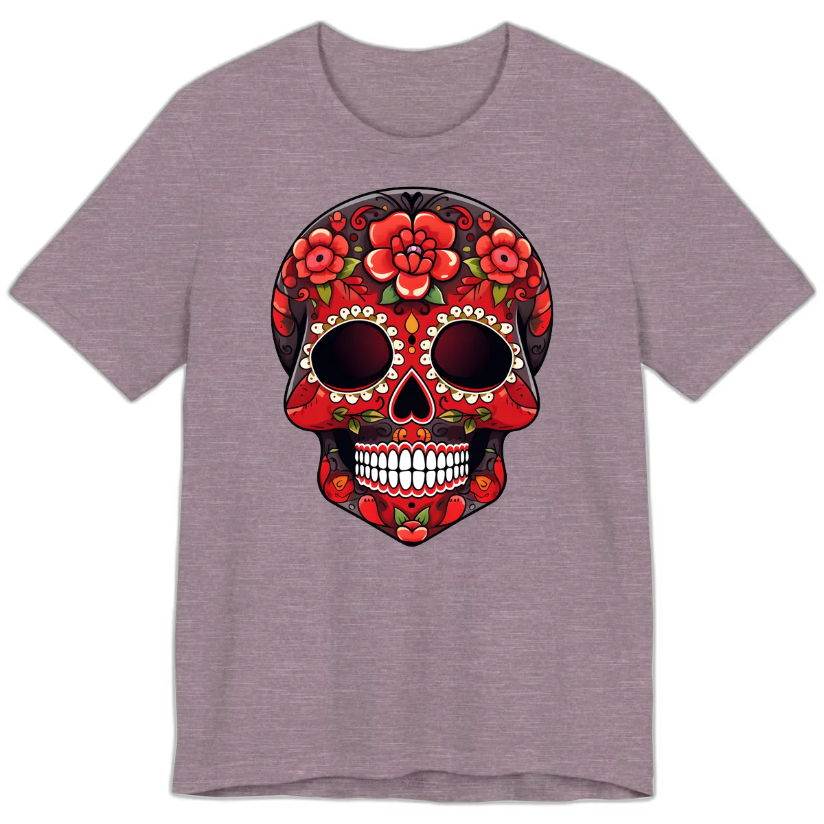 Intricate Floral Red Calavera Sugar Skull Artwork Premium T-Shirt in Heather Purple
