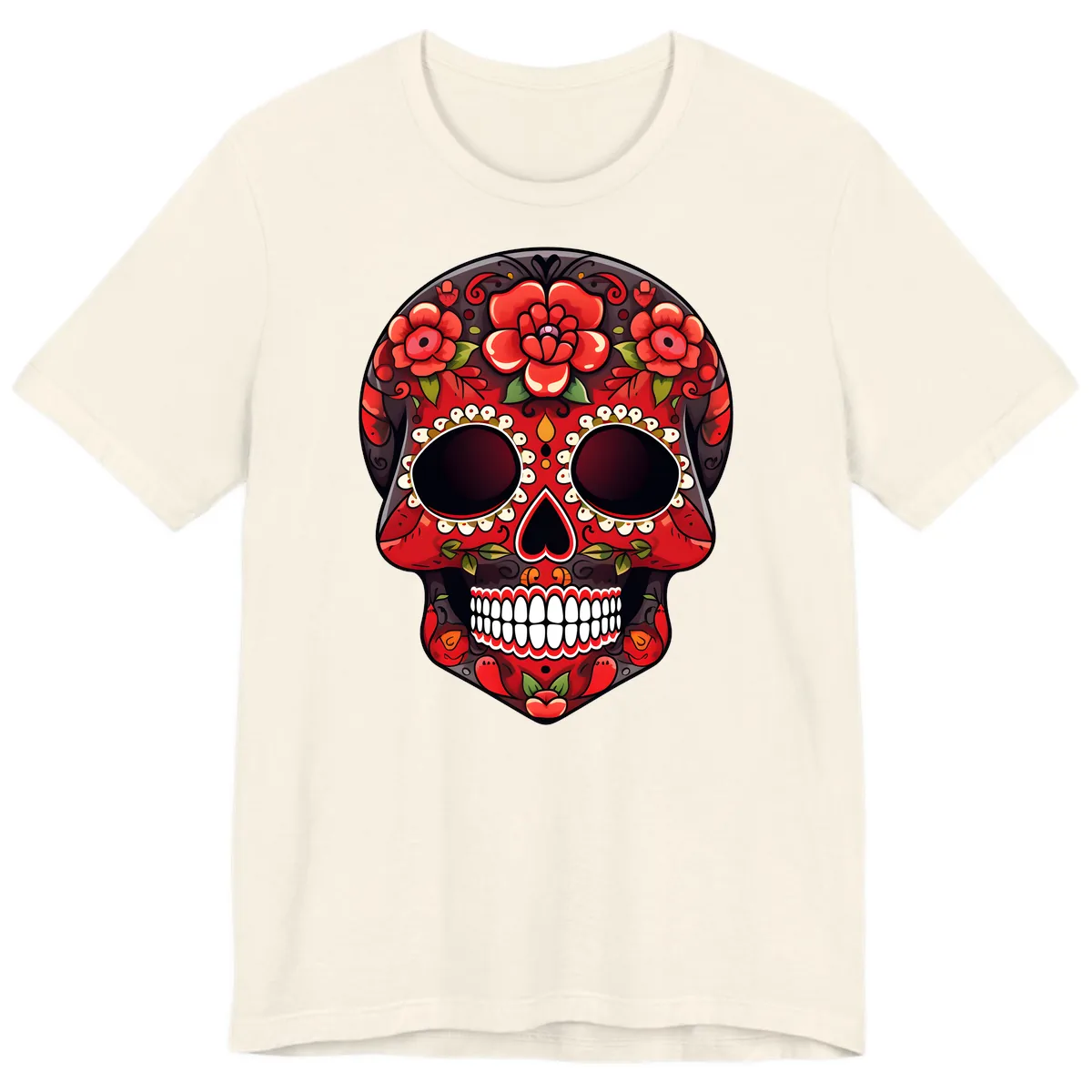 Intricate Floral Red Calavera Sugar Skull Artwork Premium T-Shirt in Natural