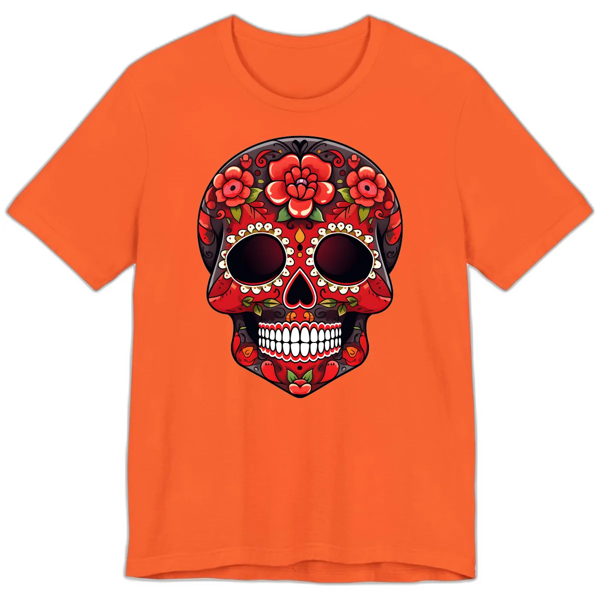 Intricate Floral Red Calavera Sugar Skull Artwork Premium T-Shirt in Orange