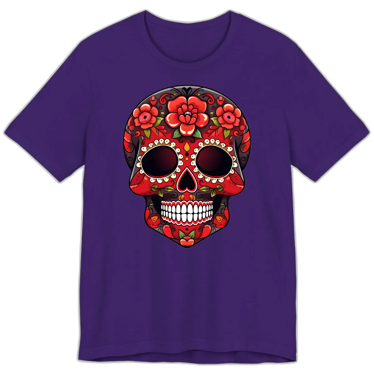 Intricate Floral Red Calavera Sugar Skull Artwork Premium T-Shirt in Team Purple