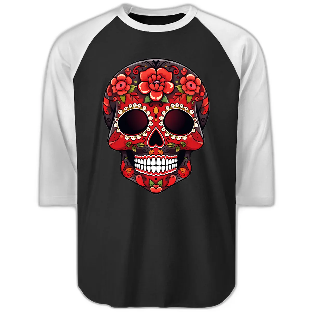 Intricate Floral Red Calavera Sugar Skull Artwork Raglan 3/4 in Black White