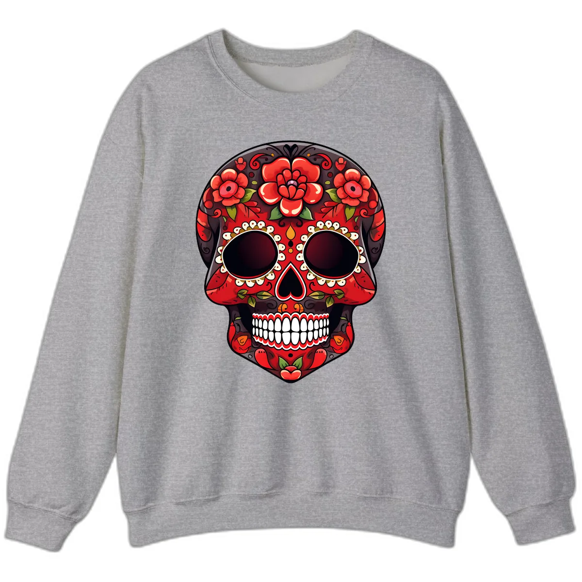 Intricate Floral Red Calavera Sugar Skull Artwork Sweatshirt in Sport Grey