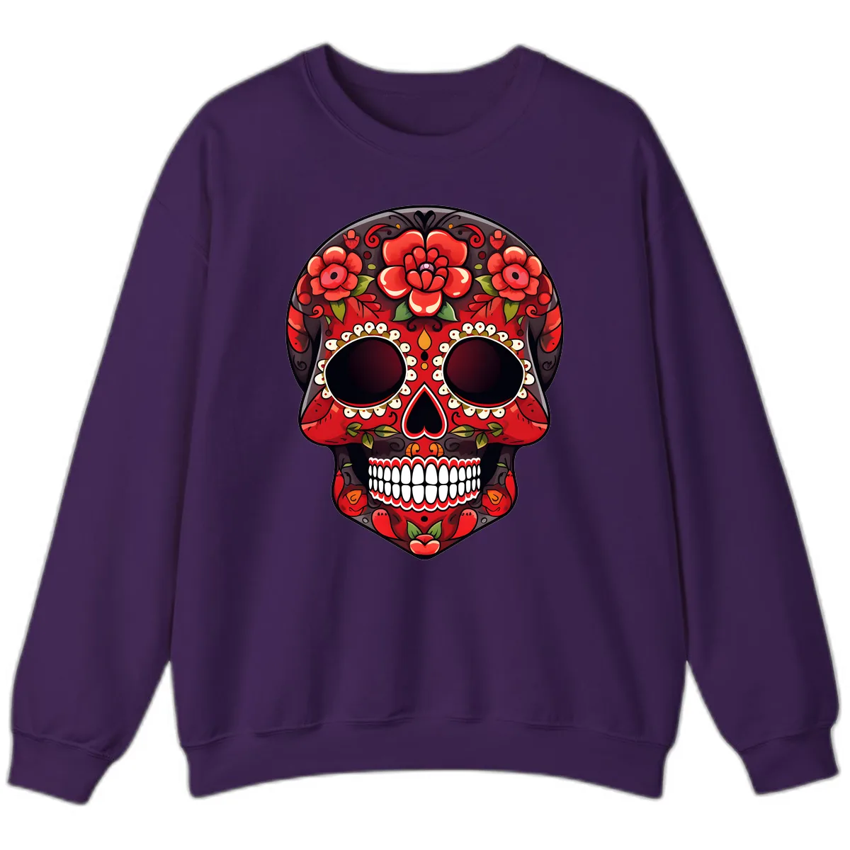 Intricate Floral Red Calavera Sugar Skull Artwork Sweatshirt in Purple