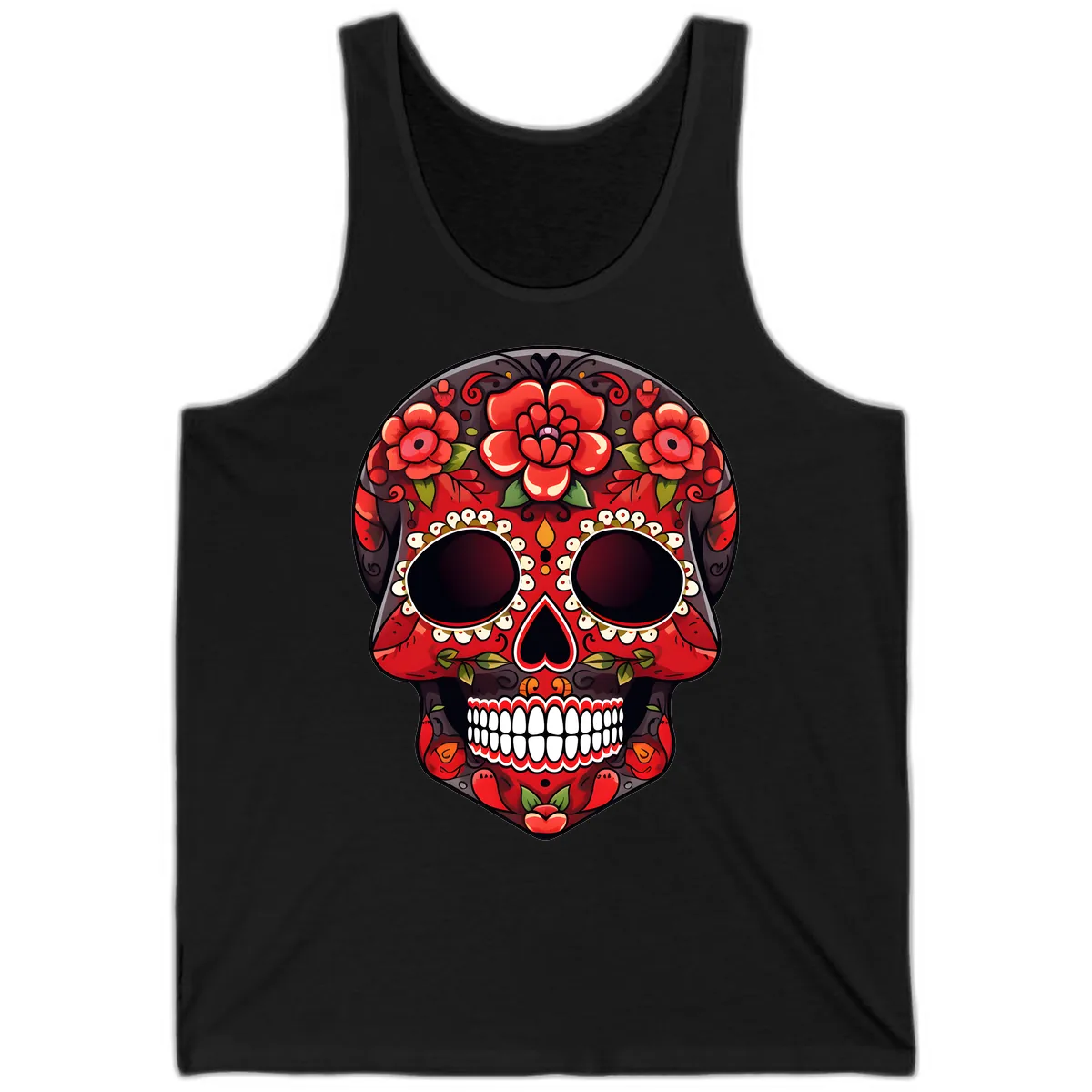 Intricate Floral Red Calavera Sugar Skull Artwork Tank in Black