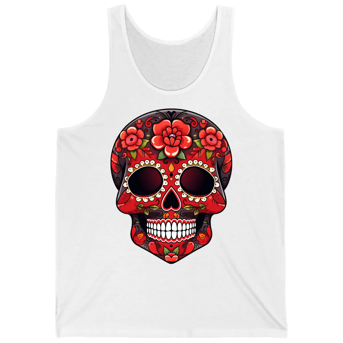 Intricate Floral Red Calavera Sugar Skull Artwork Tank in White