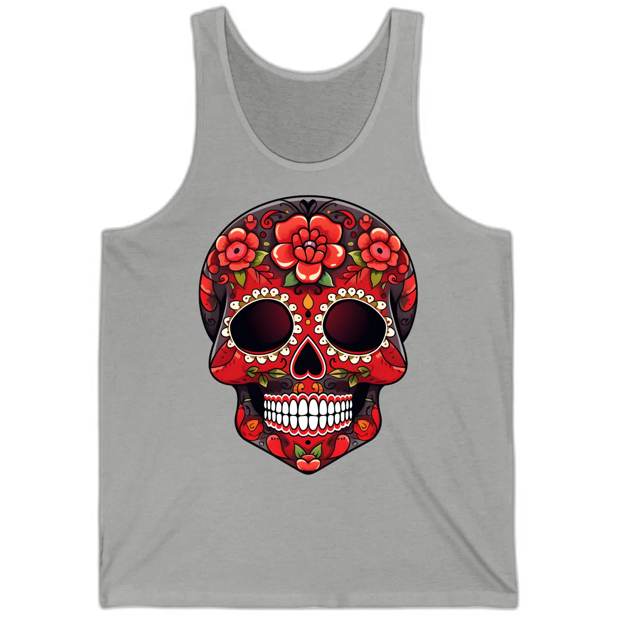 Intricate Floral Red Calavera Sugar Skull Artwork Tank in Athletic Heather