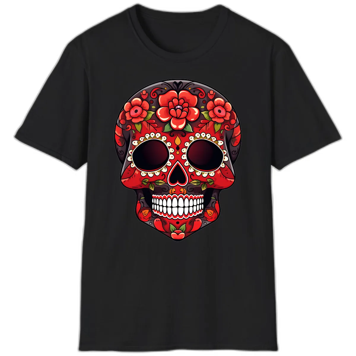 Intricate Floral Red Calavera Sugar Skull Artwork T-Shirt in Black