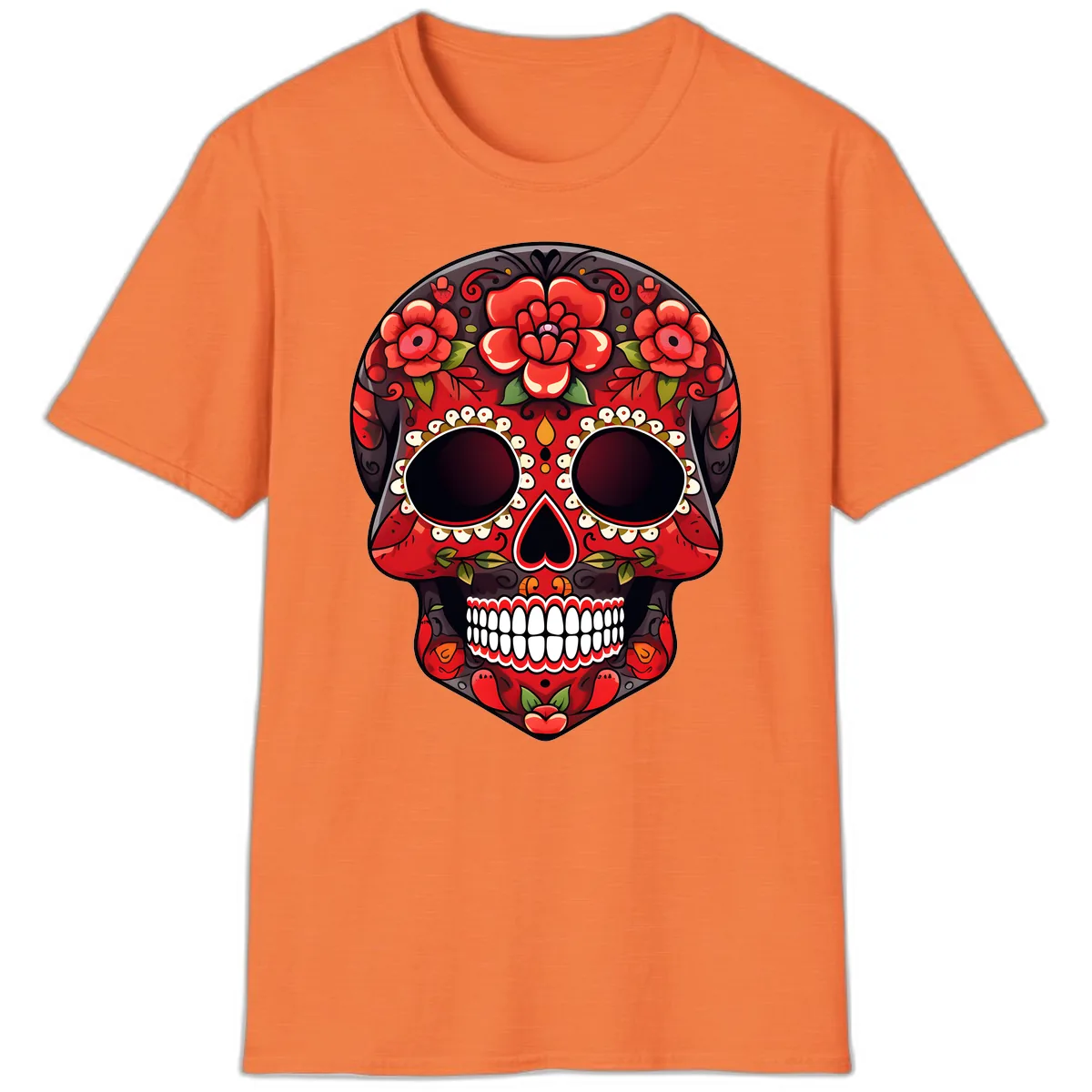 Intricate Floral Red Calavera Sugar Skull Artwork T-Shirt in Heather Orange