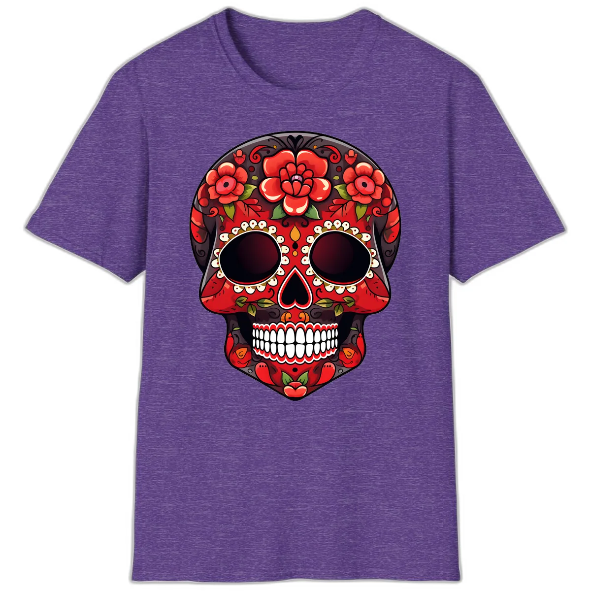 Intricate Floral Red Calavera Sugar Skull Artwork T-Shirt in Heather Purple