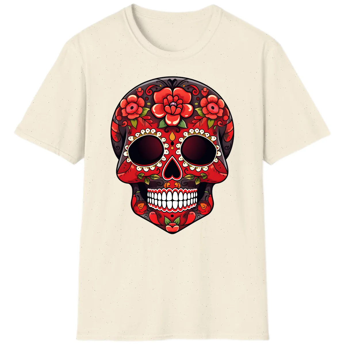 Intricate Floral Red Calavera Sugar Skull Artwork T-Shirt in Natural