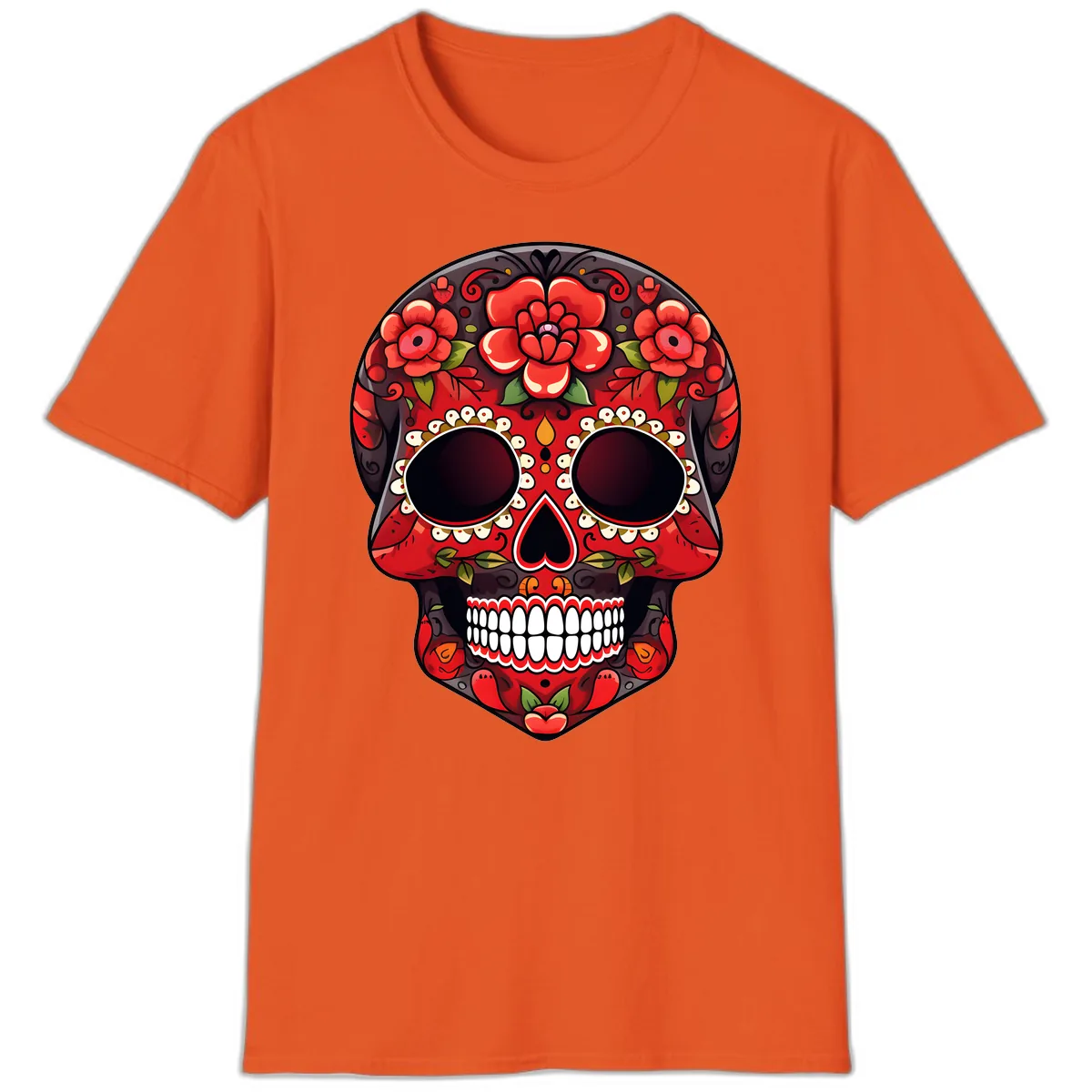 Intricate Floral Red Calavera Sugar Skull Artwork T-Shirt in Orange
