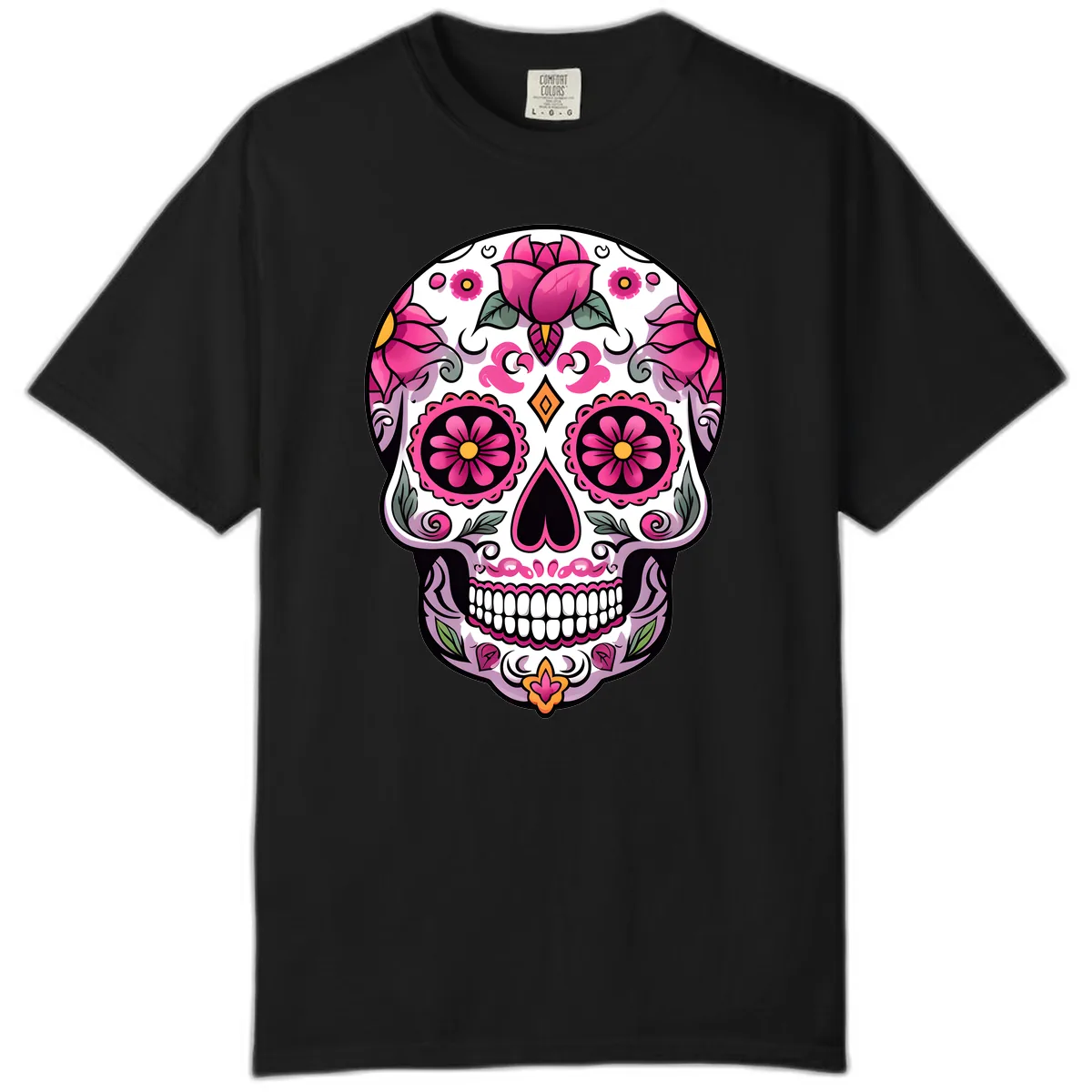 Vibrant Pink Floral Calavera Sugar Skull Comfort Color in Black