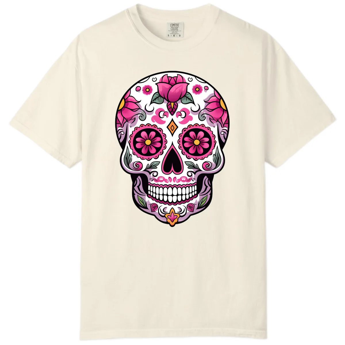 Vibrant Pink Floral Calavera Sugar Skull Comfort Color in Ivory