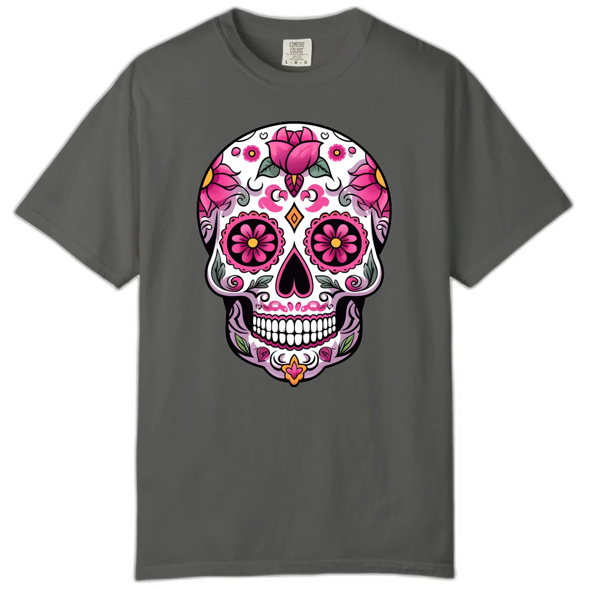 Vibrant Pink Floral Calavera Sugar Skull Comfort Color in Pepper
