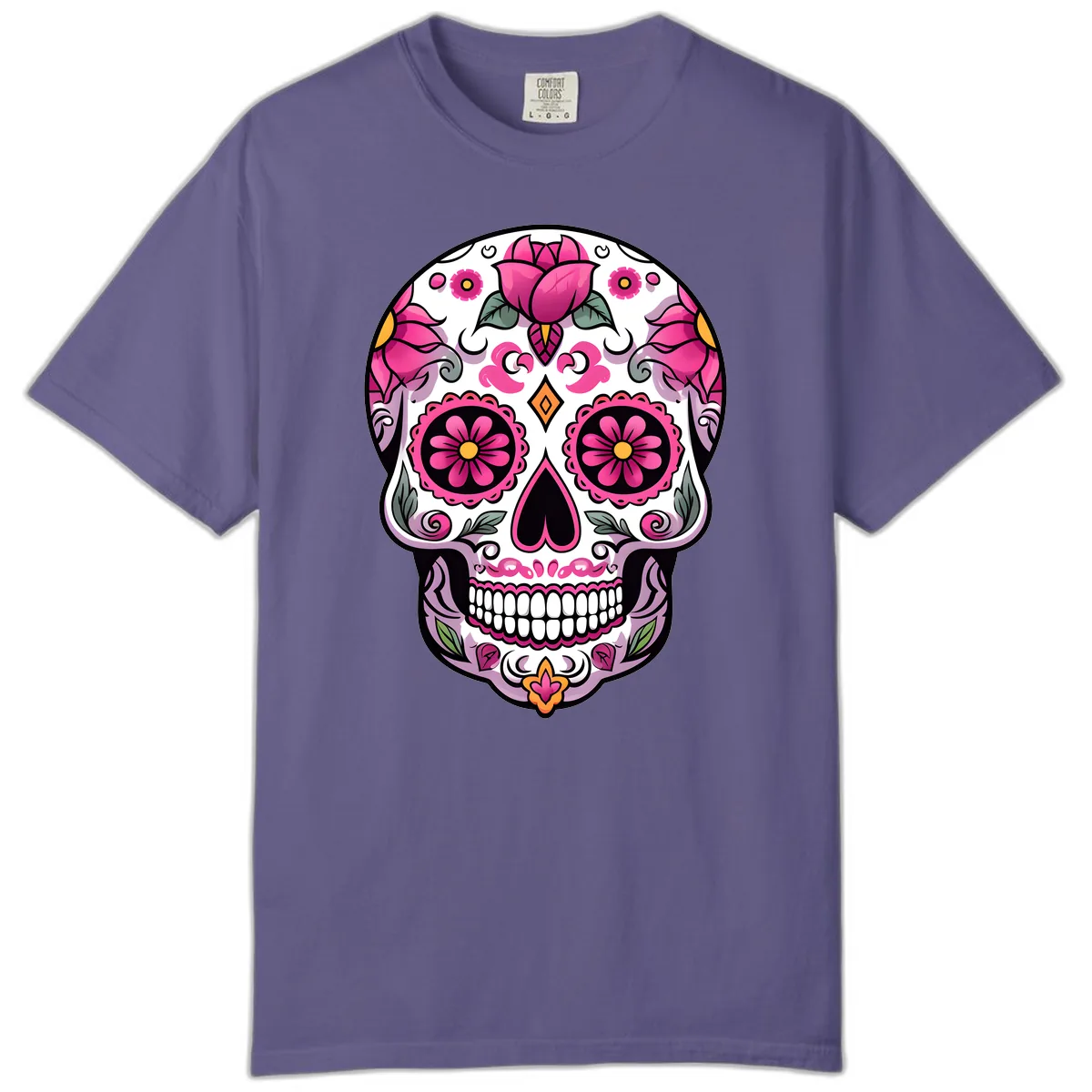 Vibrant Pink Floral Calavera Sugar Skull Comfort Color in Grape